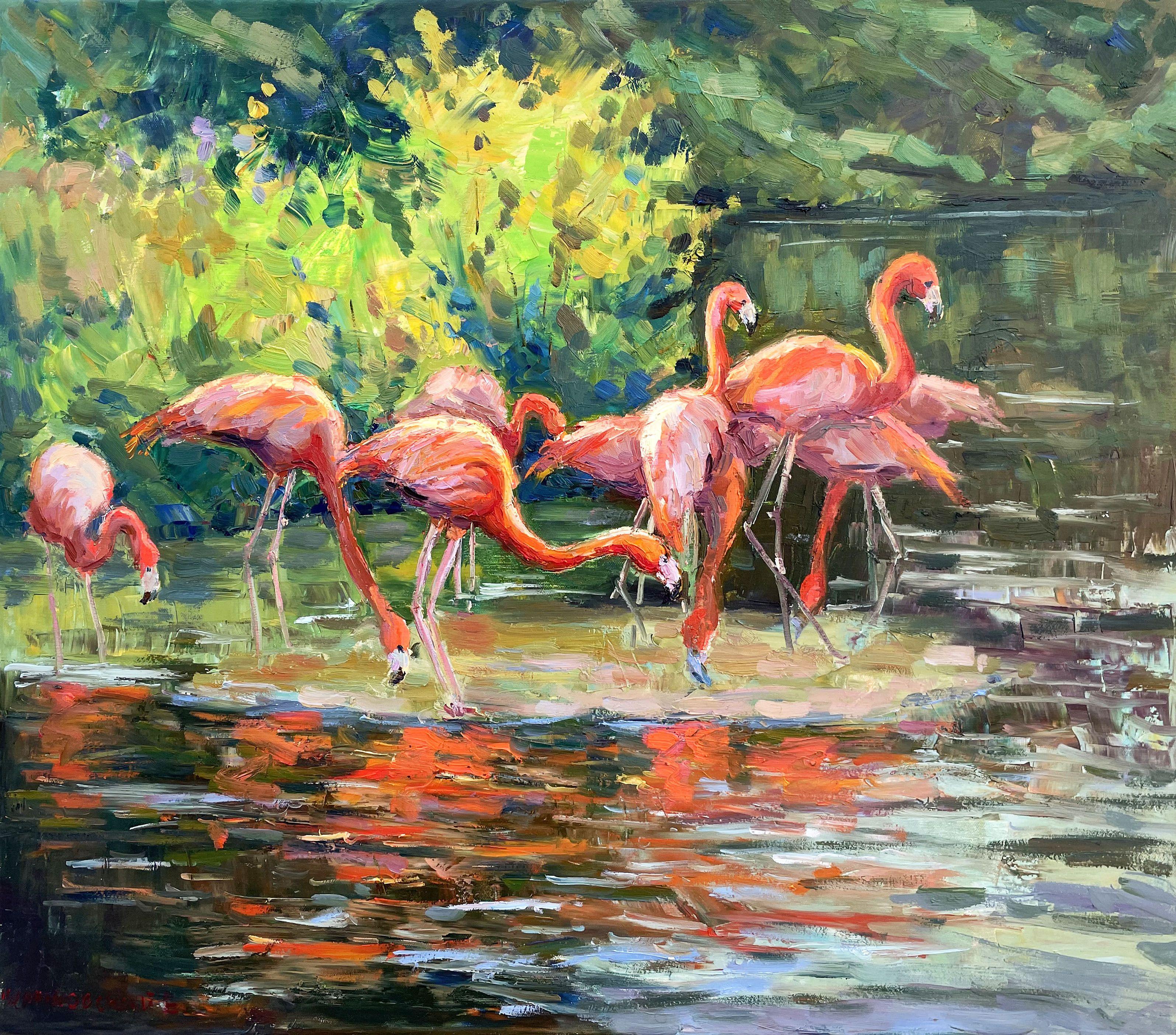 Original Oil painting by Ukrainian artist Evgeny Chernyakovsky    "Flamingo"  70.0 X 80.0 CM / 27.5 X 31.4 IN  HIGH QUALITY oil on canvas  Signed on the front and back  Dated 2023  Good condition  GUARANTEE OF AUTHENTICITY   :: Painting ::