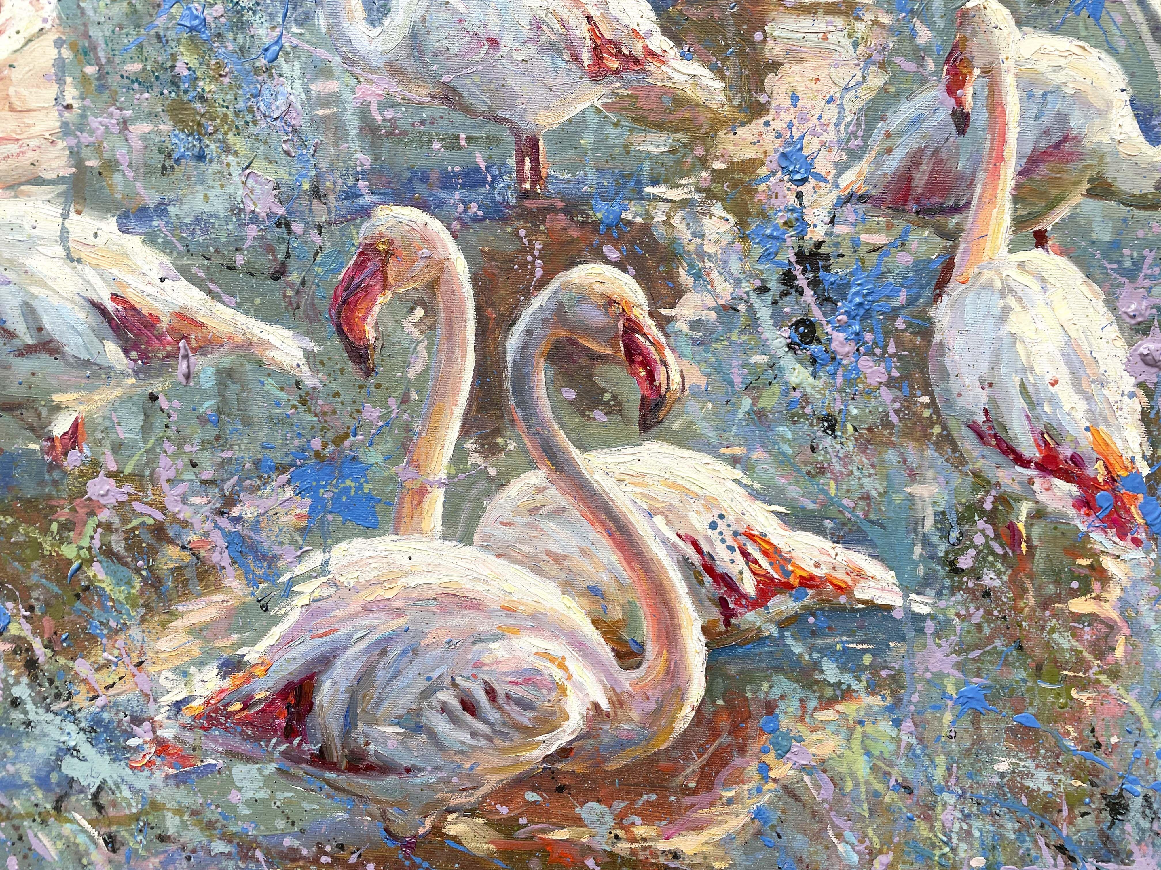 Flamingo-Teich, Gemälde, Öl auf Leinwand im Angebot 1