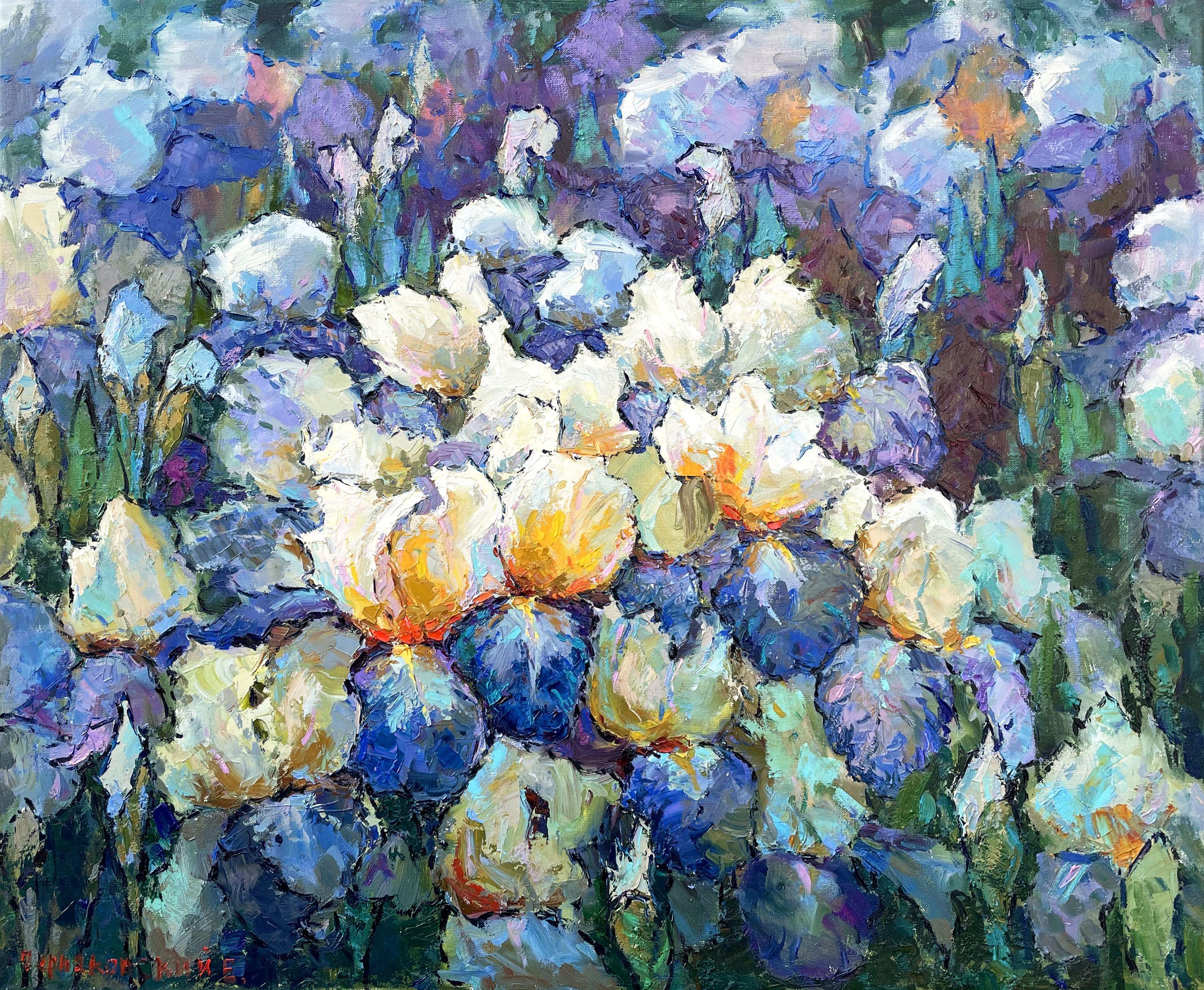 Original Oil painting by Ukrainian artist Evgeny Chernyakovsky "Irises" 75.0 X 90.0 CM / 29.5 X 35.4 IN HIGH QUALITY oil on canvas Signed on the front and back Dated 2022 Good condition GUARANTEE OF AUTHENTICITY :: Painting :: Impressionist :: This
