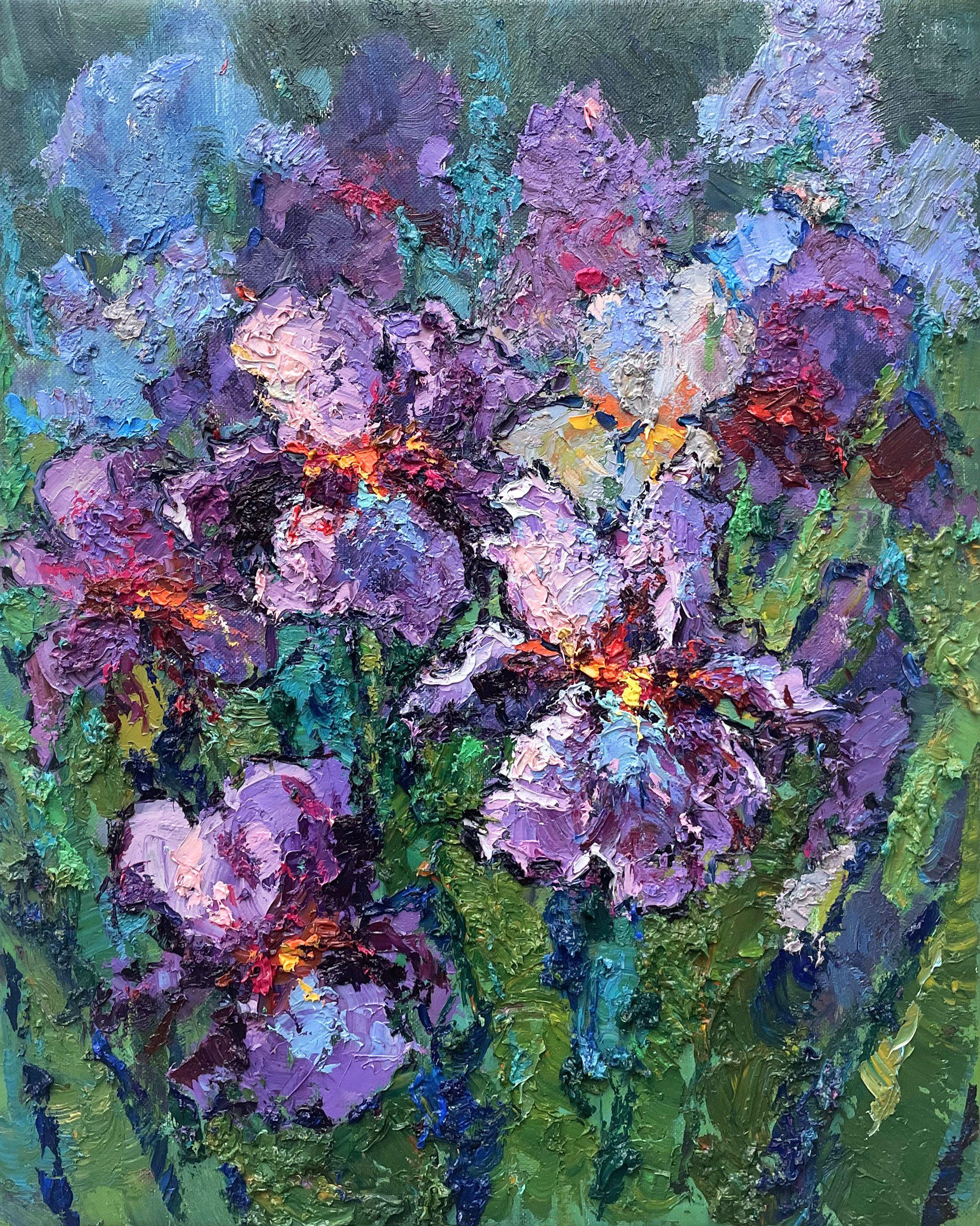 Original Oil painting by Ukrainian artist Evgeny Chernyakovsky      "irises  "  60.0 X 50.0 CM / 23.6 X 19.6 IN  HIGH QUALITY oil on panel  Signed on the front and back  Dated 2023  Good condition  GUARANTEE OF AUTHENTICITY :: Painting ::