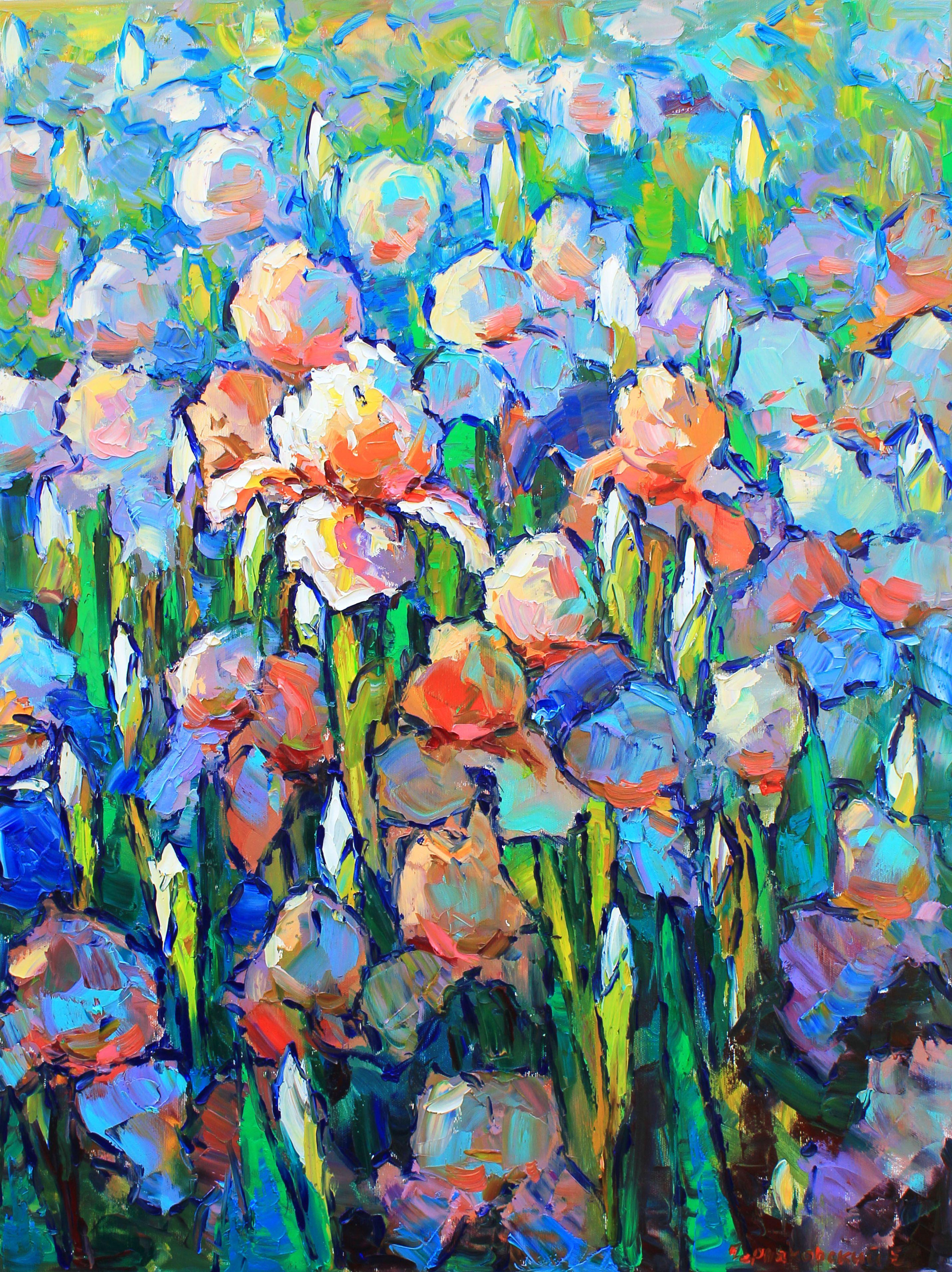 Original Oil painting by Ukrainian artist Evgeny Chernyakovsky    "Irises"  60.0 X 80.0 CM / 23.6 X 31.4 IN  HIGH QUALITY oil on canvas  Signed on the front and back  Dated 2022  Good condition  GUARANTEE OF AUTHENTICITY :: Painting :: Impressionist