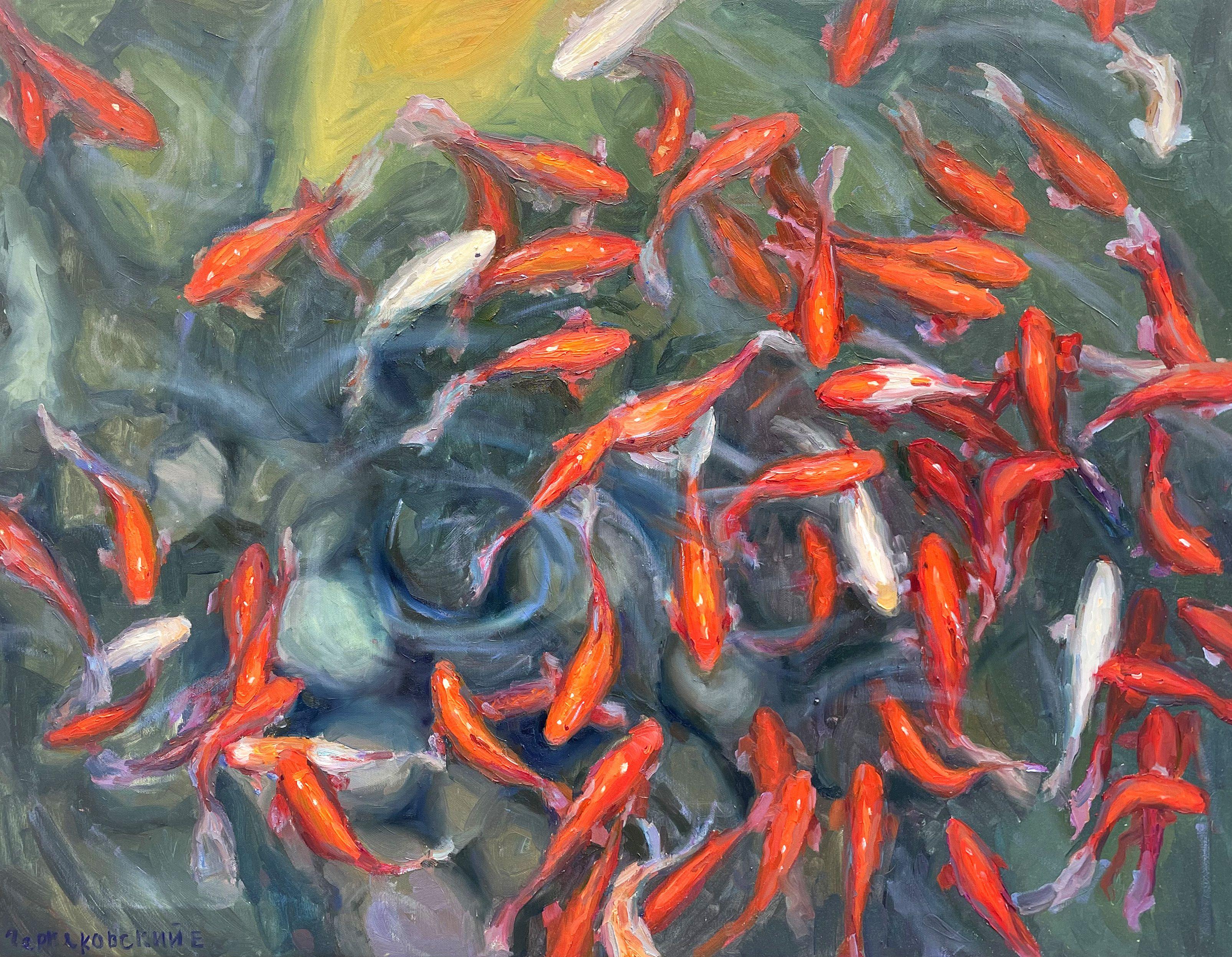Original Oil painting by Ukrainian artist Evgeny Chernyakovsky    "Koi"  70.0 X 90.0 CM / 27.5 X 35.4 IN  HIGH QUALITY oil on canvas  Signed on the front and back  Dated 2023  Good condition  GUARANTEE OF AUTHENTICITY   :: Painting :: Impressionist