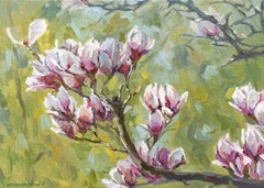 branche de magnolia, peinture, huile sur toile