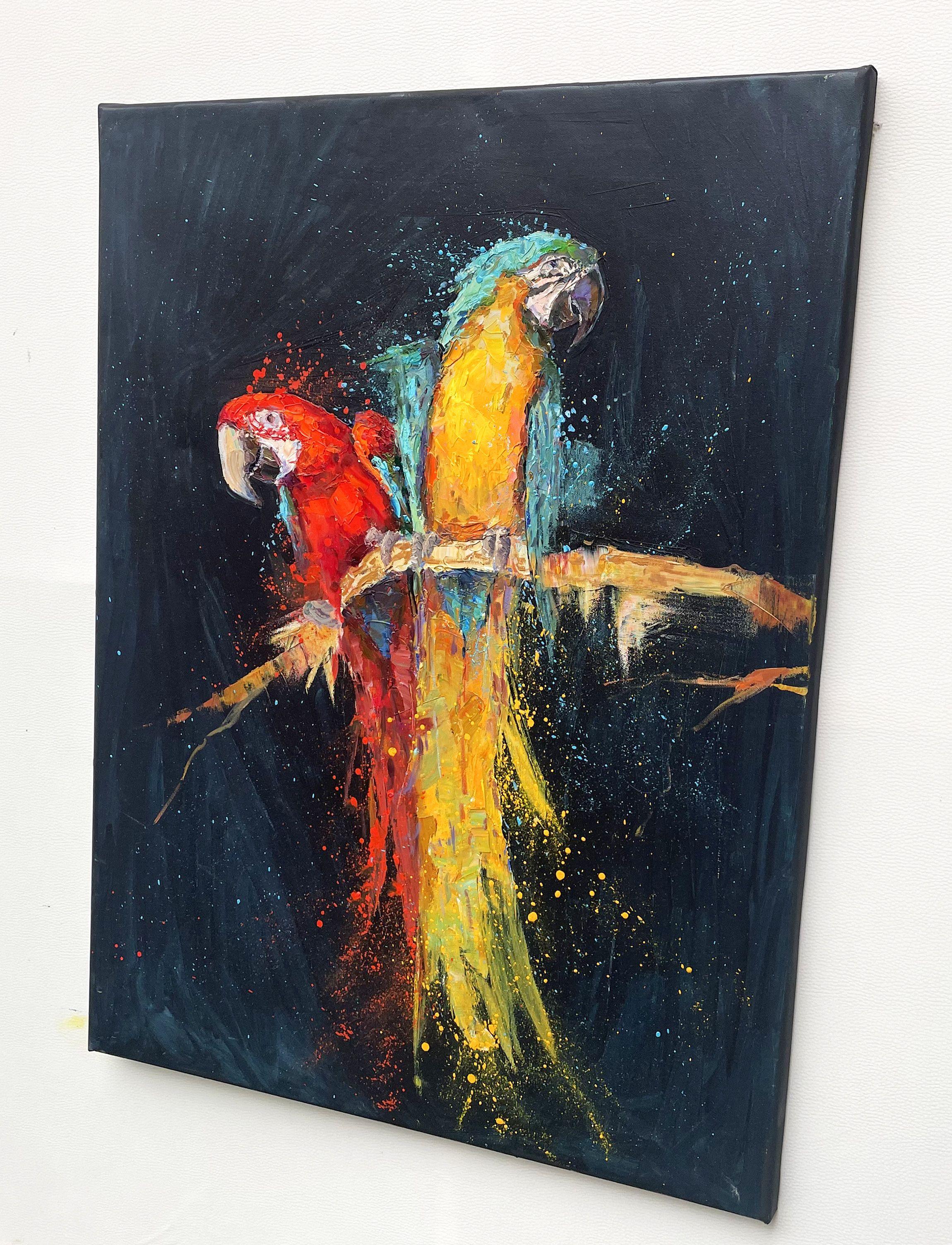 Red parrots, Painting, Oil on Canvas For Sale 1