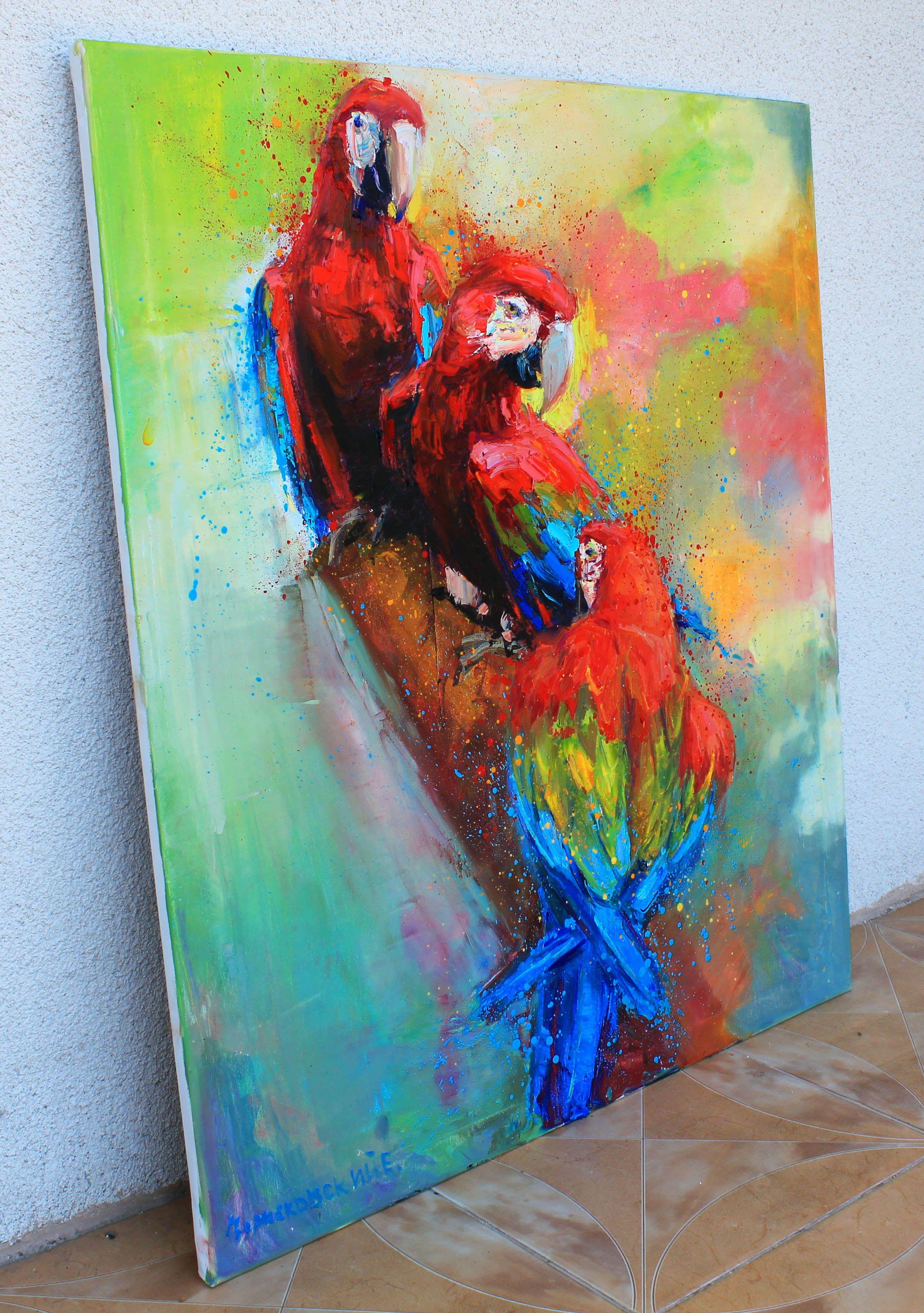 Red parrots, Painting, Oil on Canvas For Sale 1