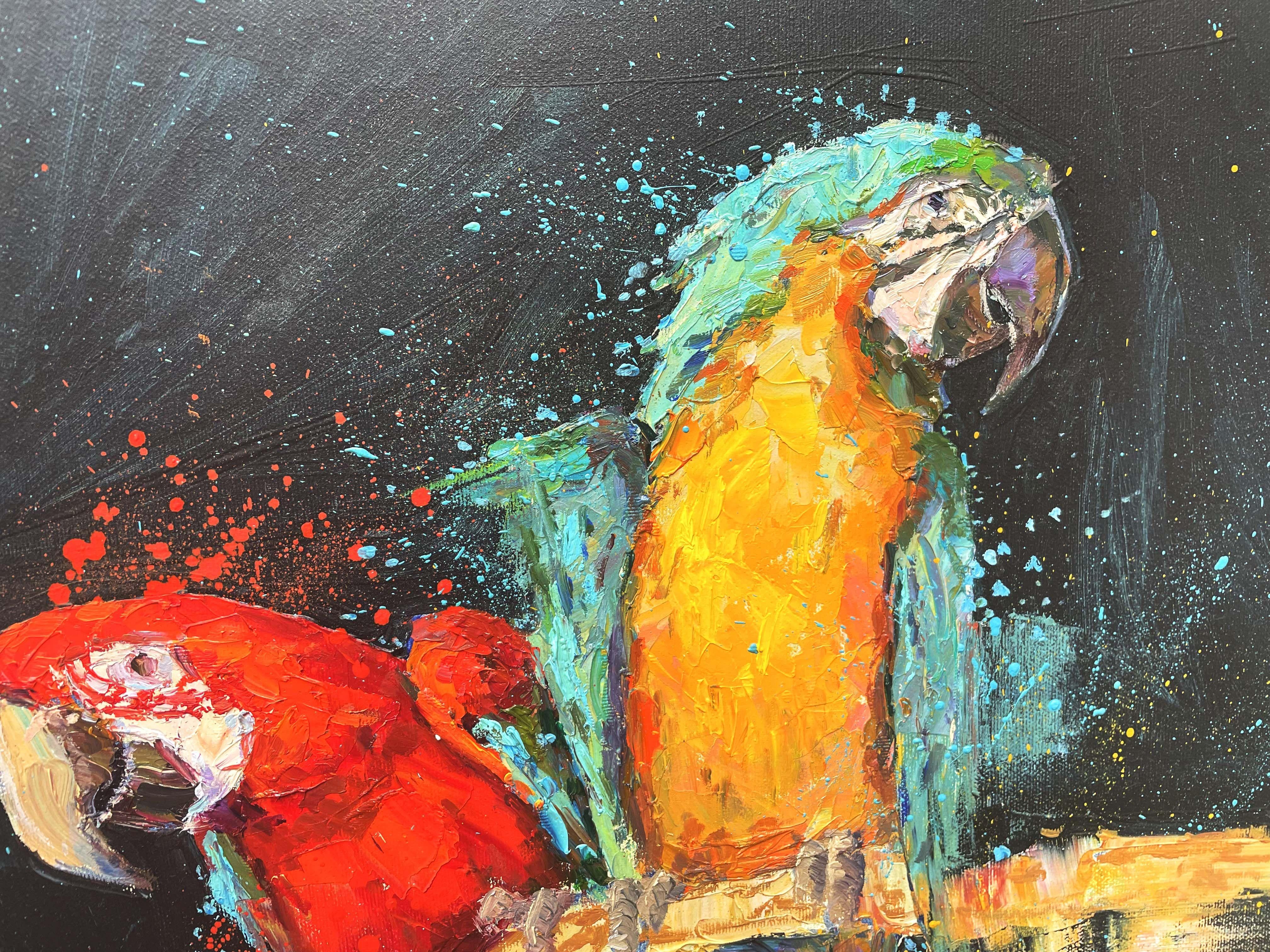 Red parrots, Painting, Oil on Canvas For Sale 3