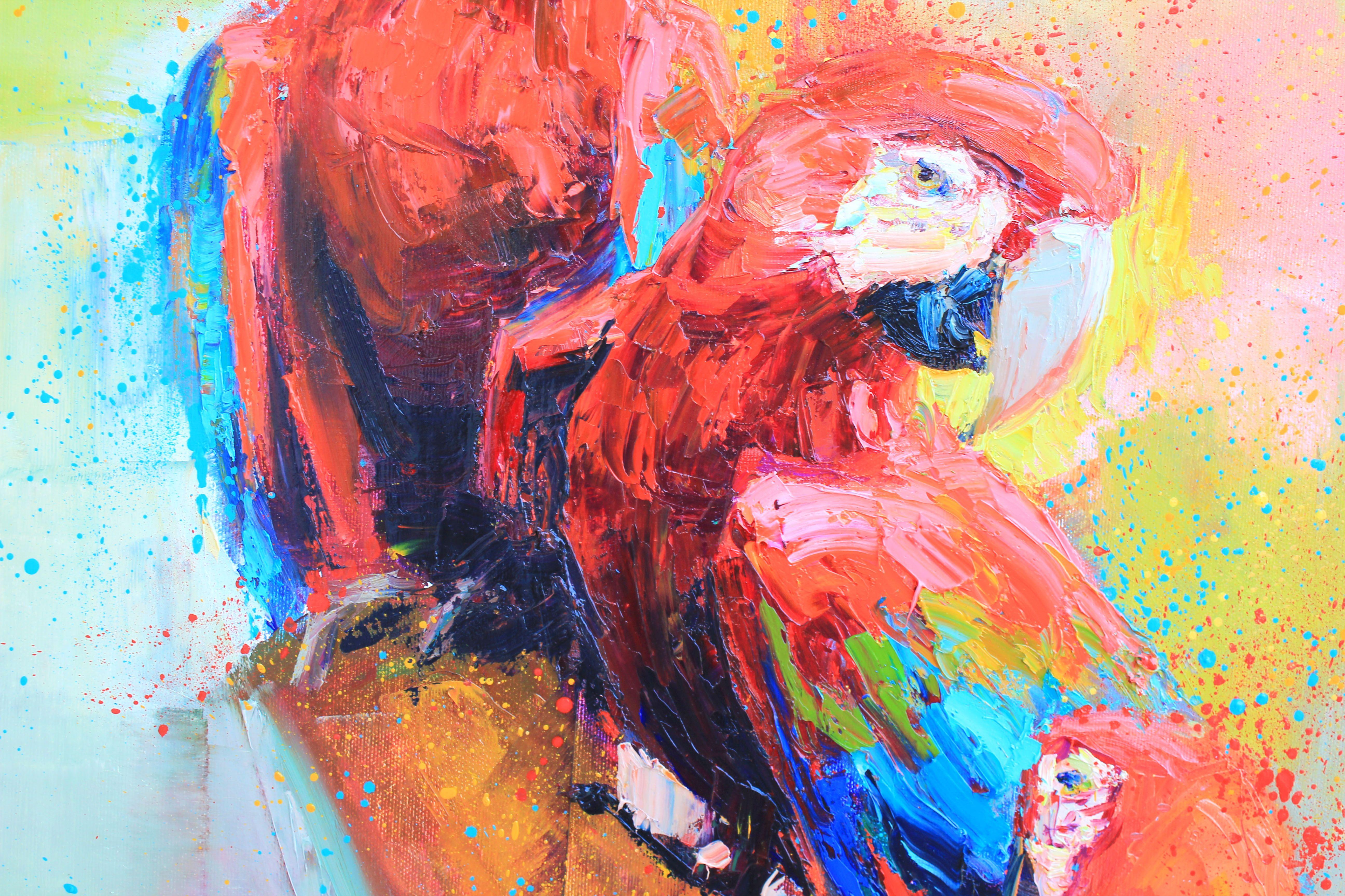 Red parrots, Painting, Oil on Canvas For Sale 3