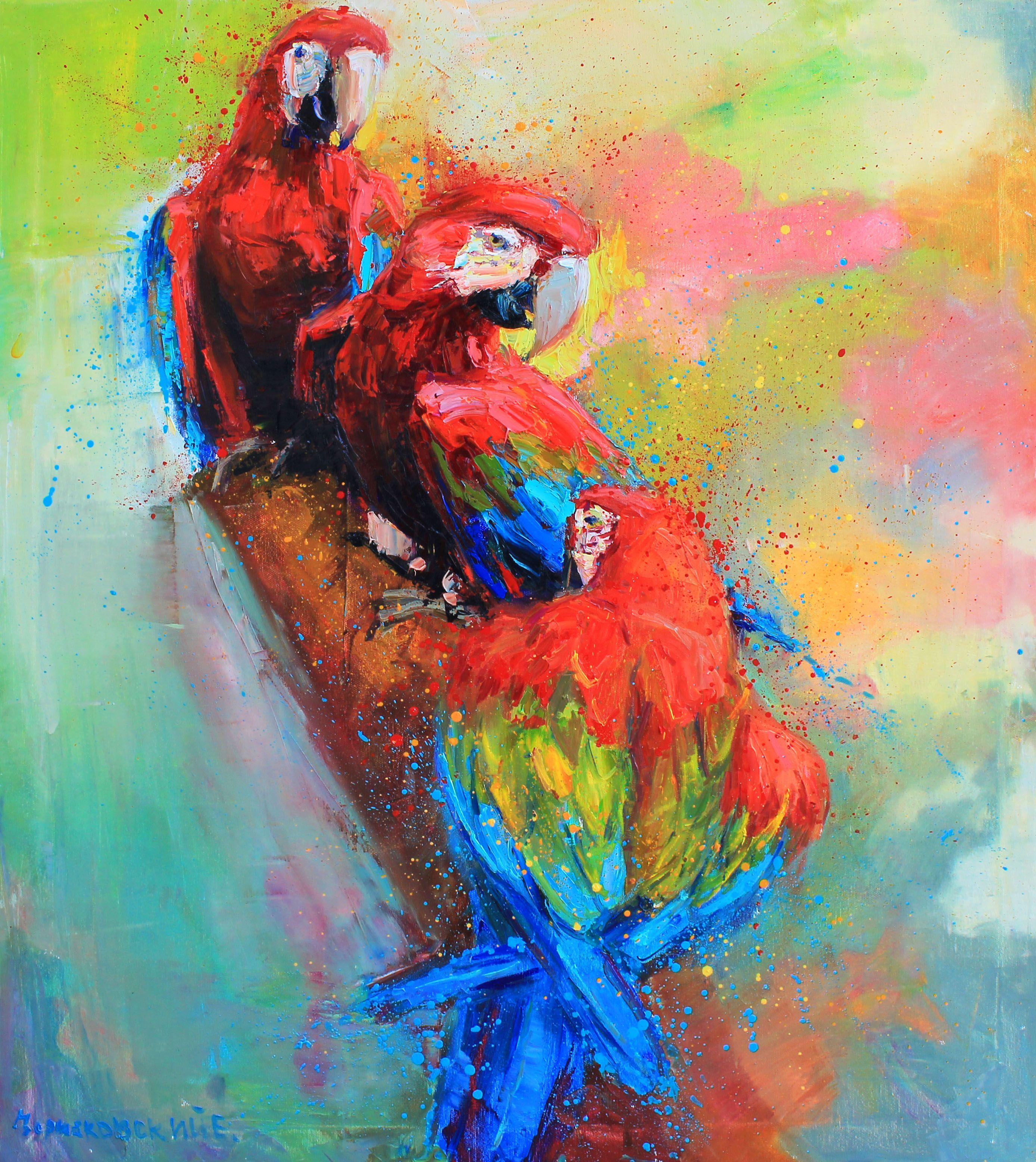 Original Oil painting by Ukrainian artist Evgeny Chernyakovsky    "  Red parrots"  70.0 X 80.0 CM / 27.5 X 31.4 IN  HIGH QUALITY oil on canvas  Signed on the front and back  Dated 2022  Good condition  GUARANTEE OF AUTHENTICITY :: Painting ::