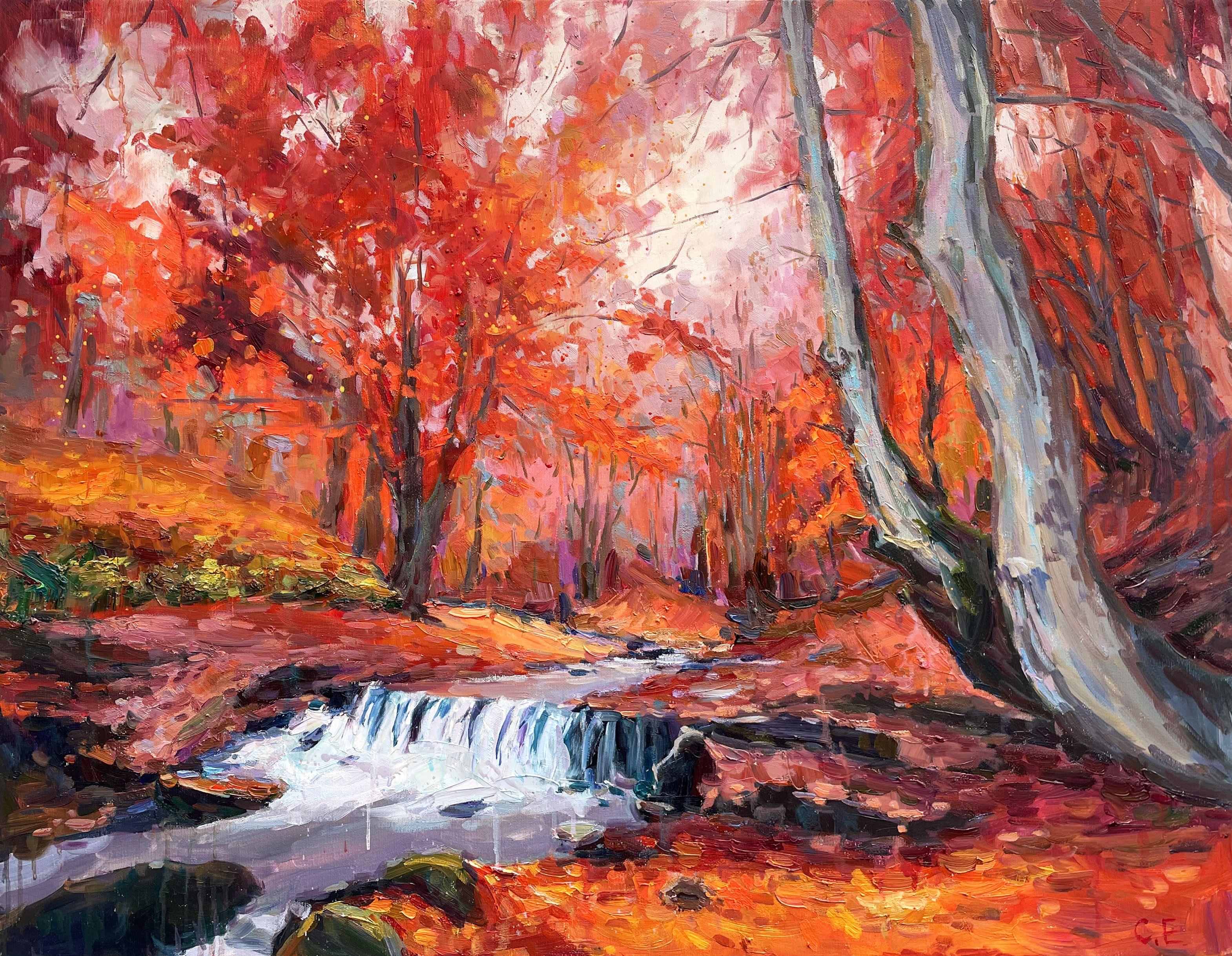 río en bosque otoñal, Pintura, Óleo sobre lienzo - Painting de Evgeny Chernyakovsky