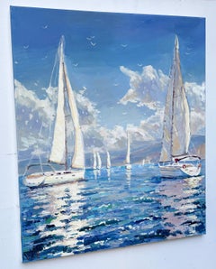 Sailboats at sea, Painting, Oil on Canvas