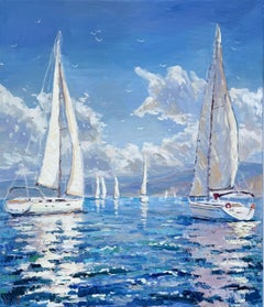 Sailboats at sea, Painting, Oil on Canvas