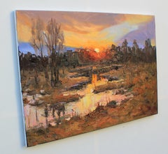 Sunset by the river, Painting, Oil on Canvas