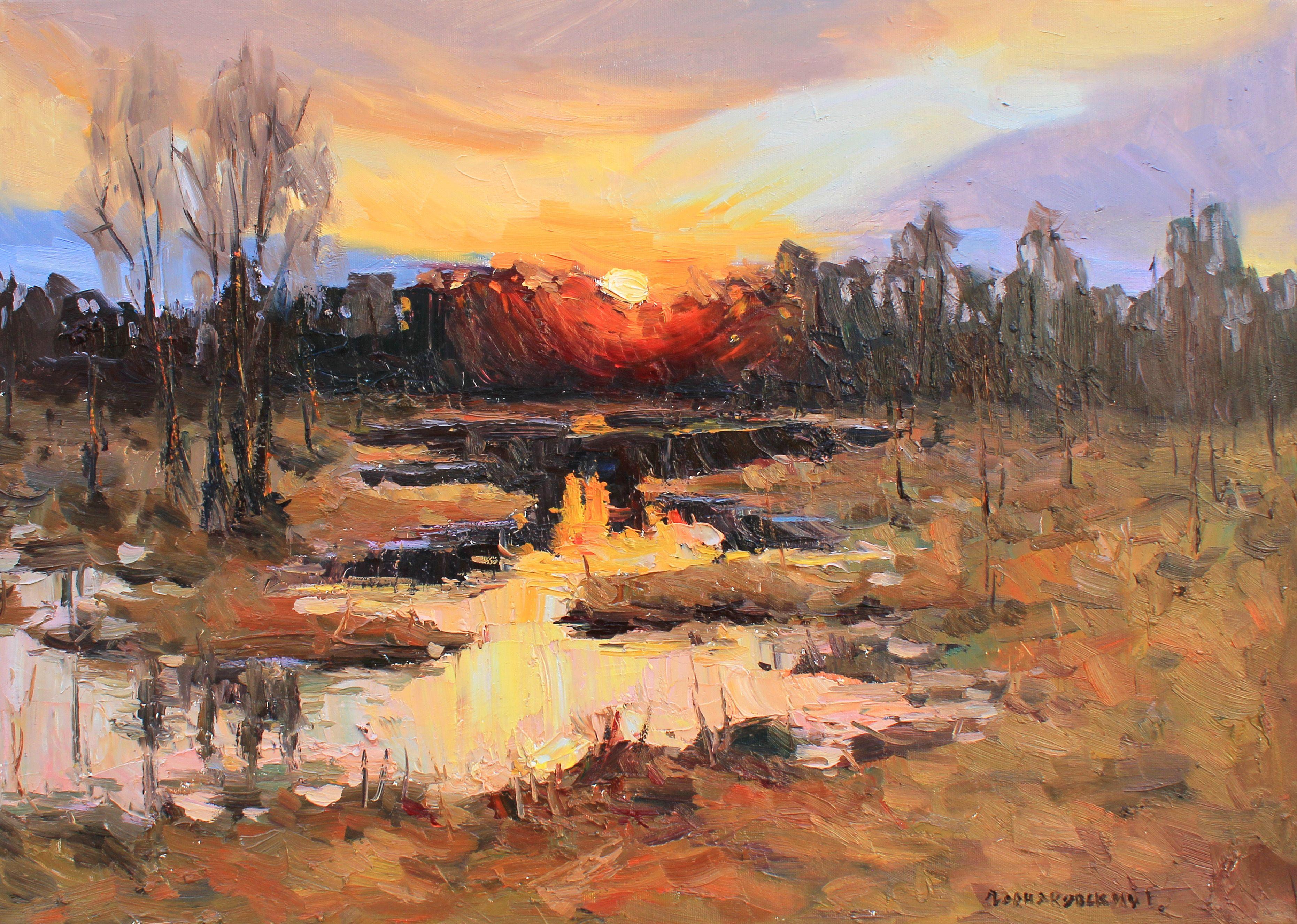sunset river painting