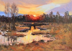 Sunset by the river, Painting, Oil on Canvas
