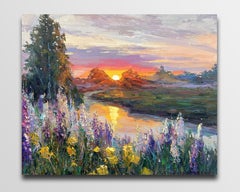 Sunset by the river, Painting, Oil on Canvas