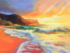 Peinture - coucher de soleil, huile sur toile