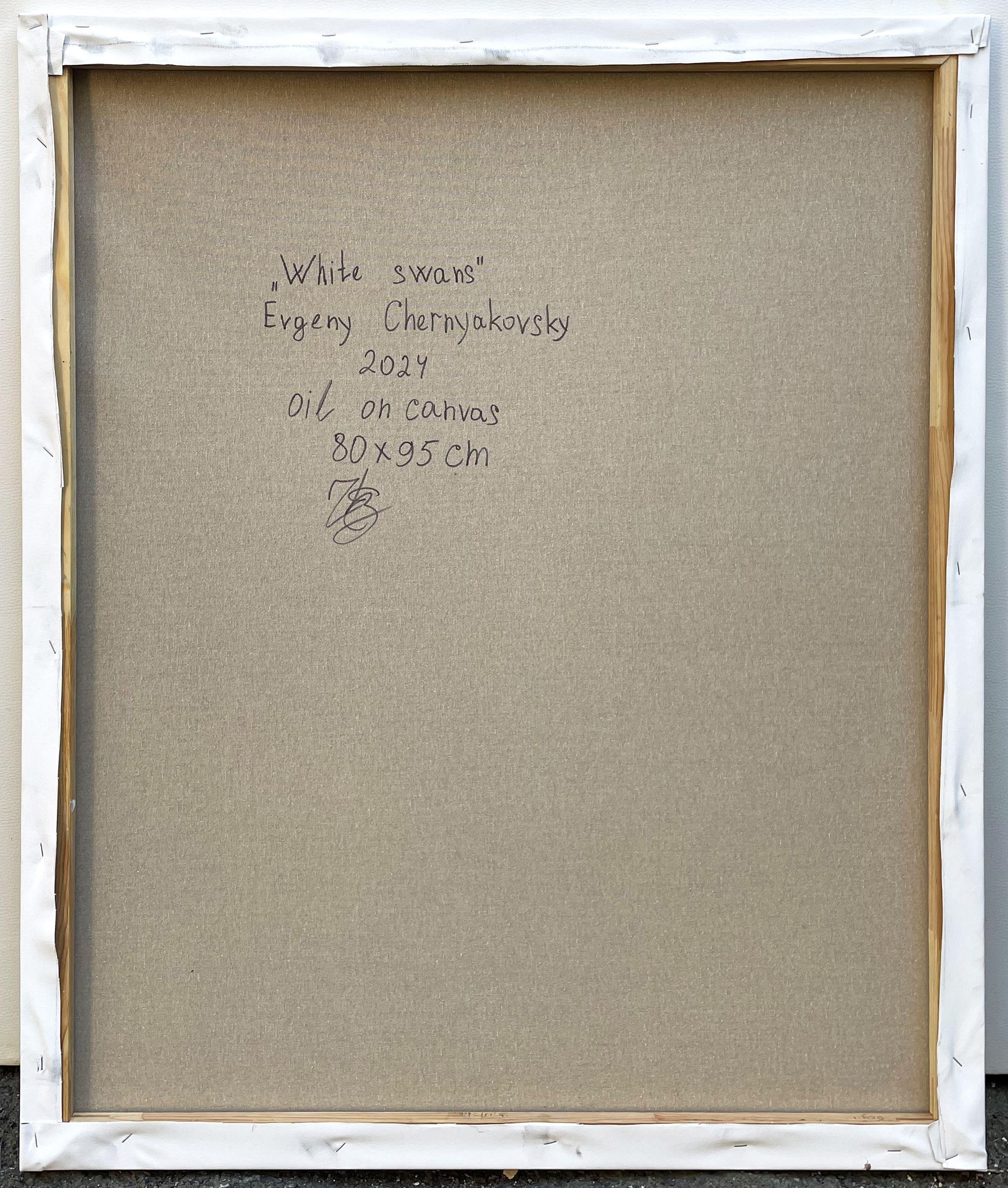 Weiße Schwäne, Gemälde, Öl auf Leinwand im Angebot 2