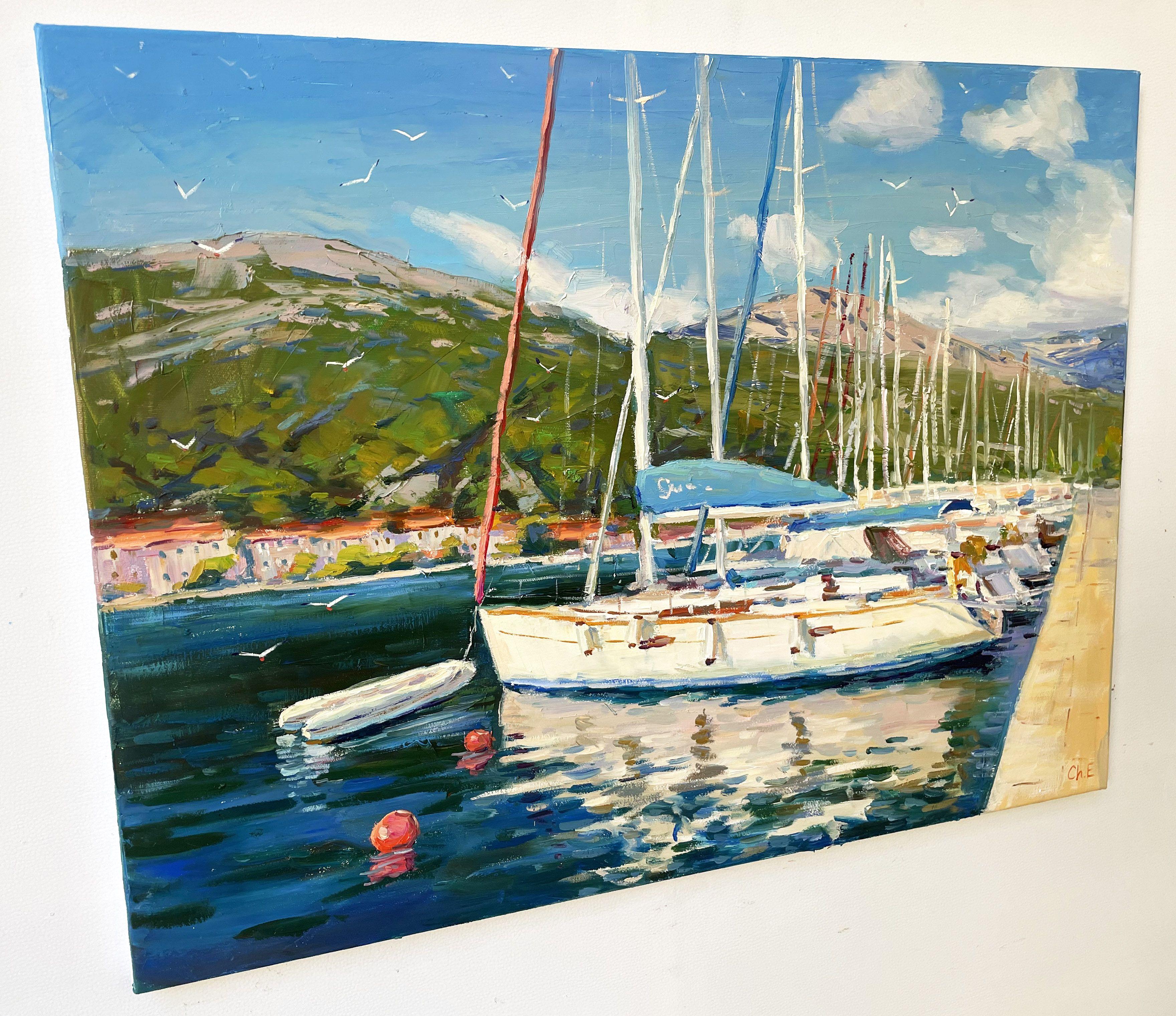 Yacht at the pier, Painting, Oil on Canvas For Sale 1