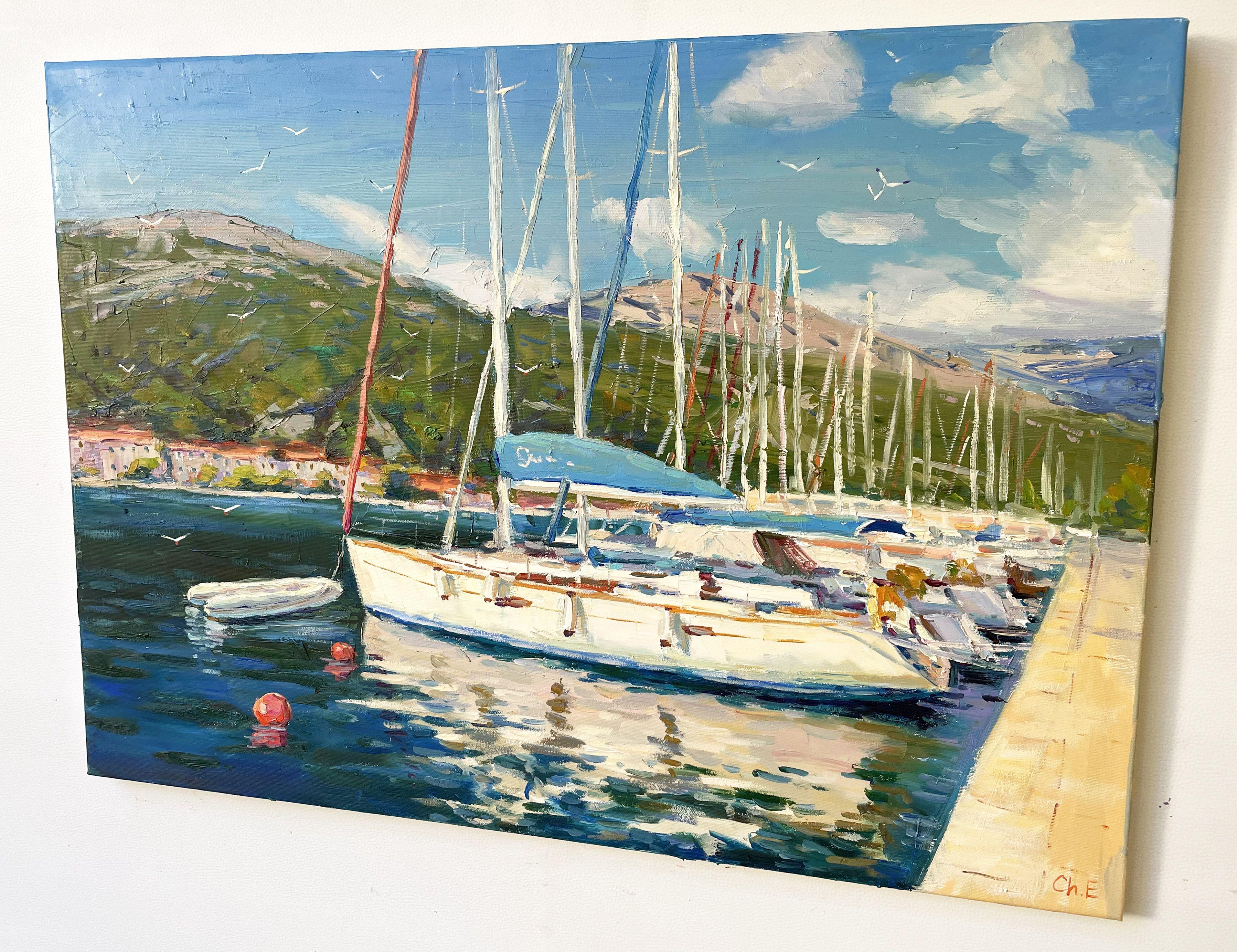 Yacht at the pier, Painting, Oil on Canvas For Sale 2