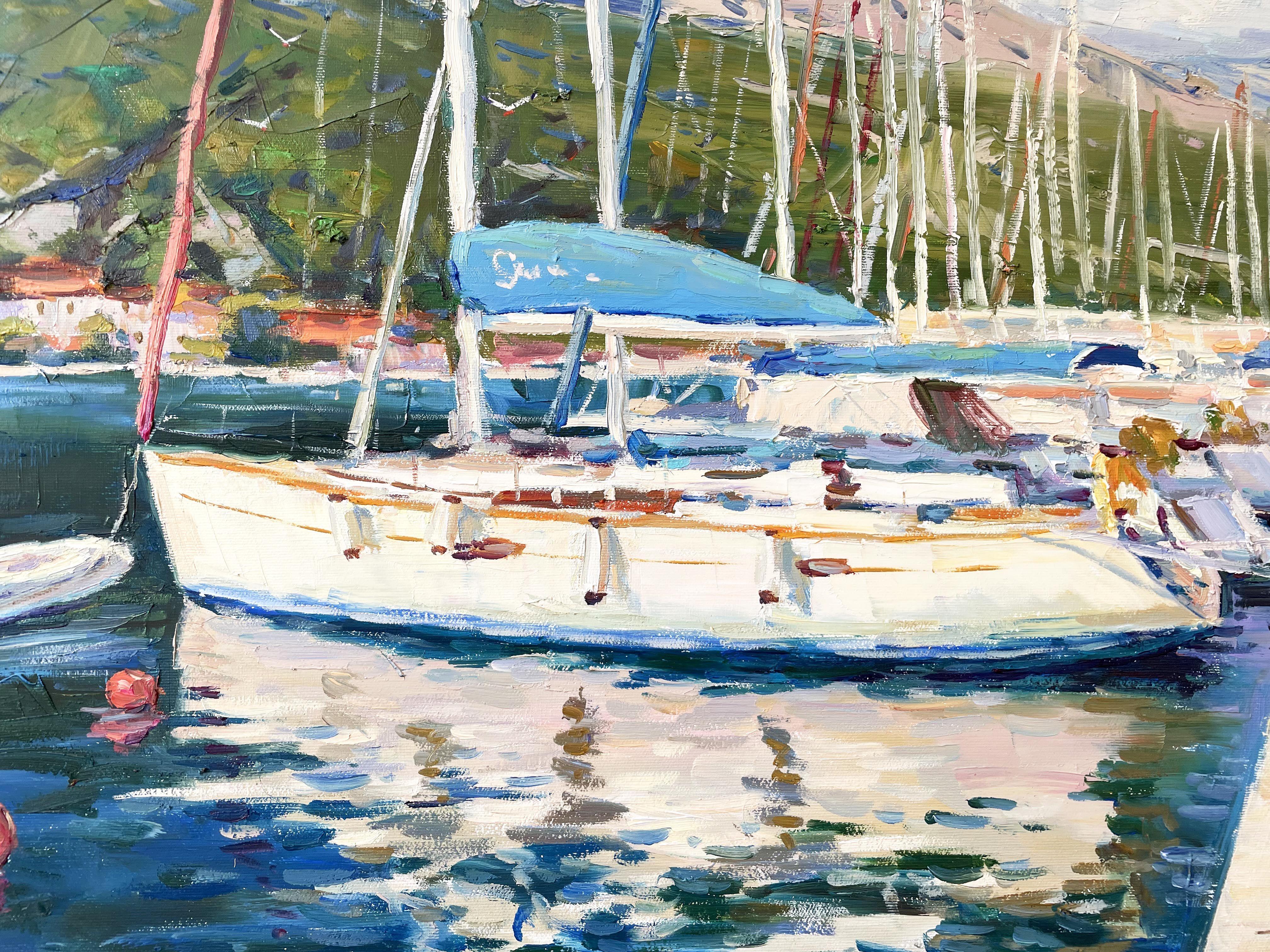 Yacht at the pier, Painting, Oil on Canvas For Sale 3