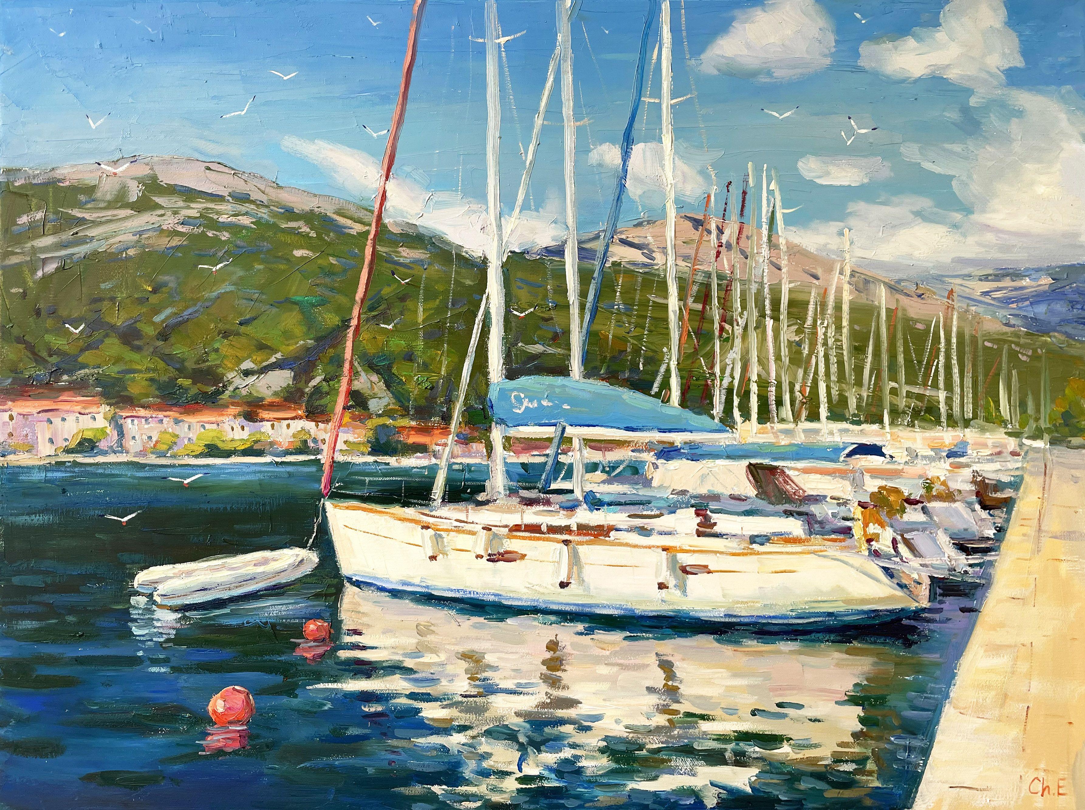 Original Oil painting by Ukrainian artist Evgeny Chernyakovsky    ""Yacht at the pier"    60.0 X 80.0 CM / 23.6 X 31.4 IN  HIGH QUALITY oil on canvas  Signed on the front and back  Dated 2024  Good condition  GUARANTEE OF AUTHENTICITY :: Painting ::