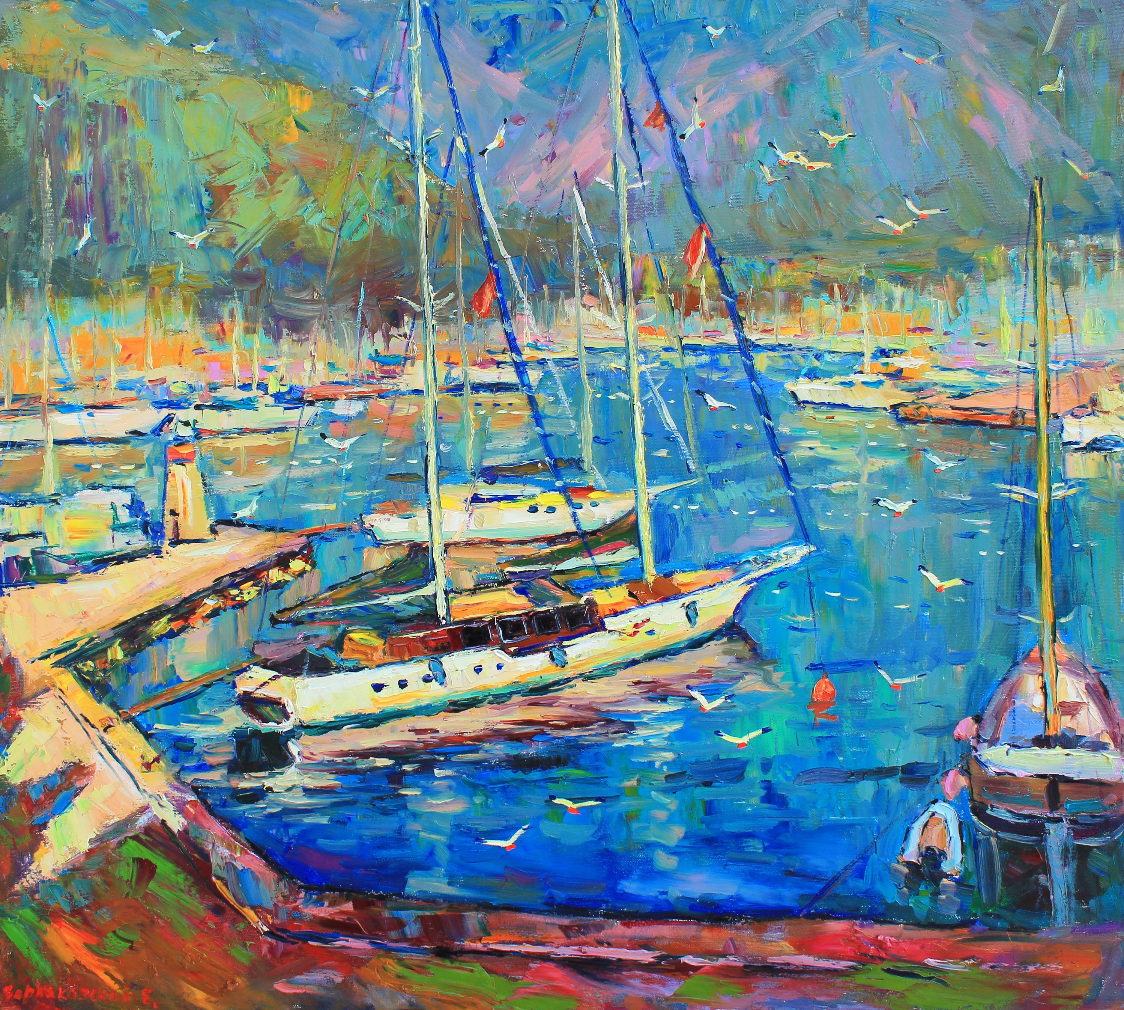 Original Oil painting by Ukrainian artist Evgeny Chernyakovsky    "Yachts  "  80.0 X 90.0 CM / 31.4 X 35.4 IN  HIGH QUALITY oil on canvas  Signed on the front and back  Dated 2022  Good condition  GUARANTEE OF AUTHENTICITY   :: Painting ::