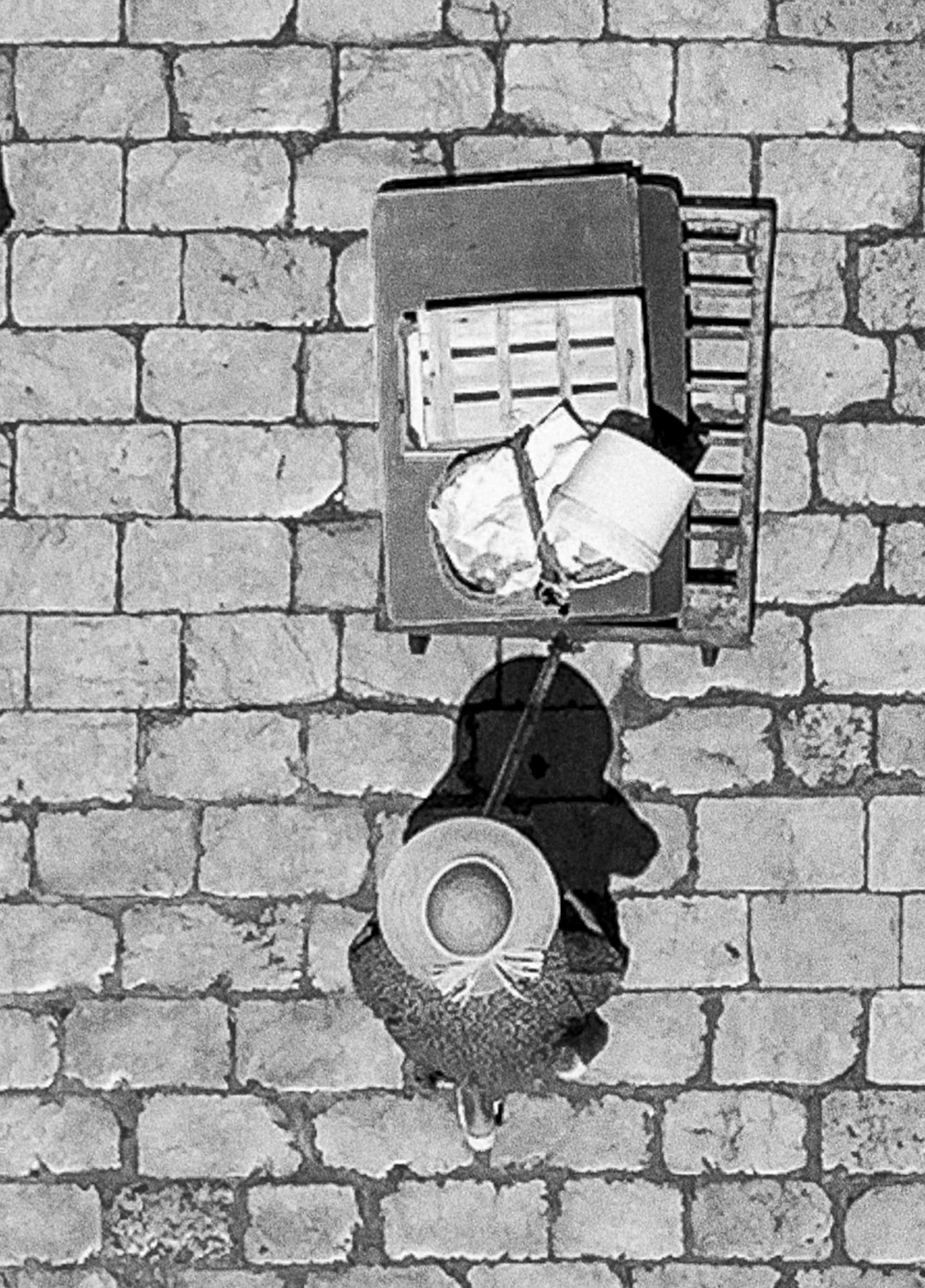 This photograph is not underwater but rather a striking black and white aerial view of people in a stone plaza. The image titled 