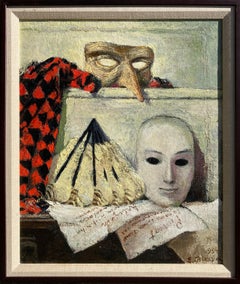 Pierrot and Harlequin (peinture de théâtre contemporaine encadrée de natures mortes)