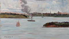 After rain Landscape French Impressionist Style Oil painting Boats in Bay