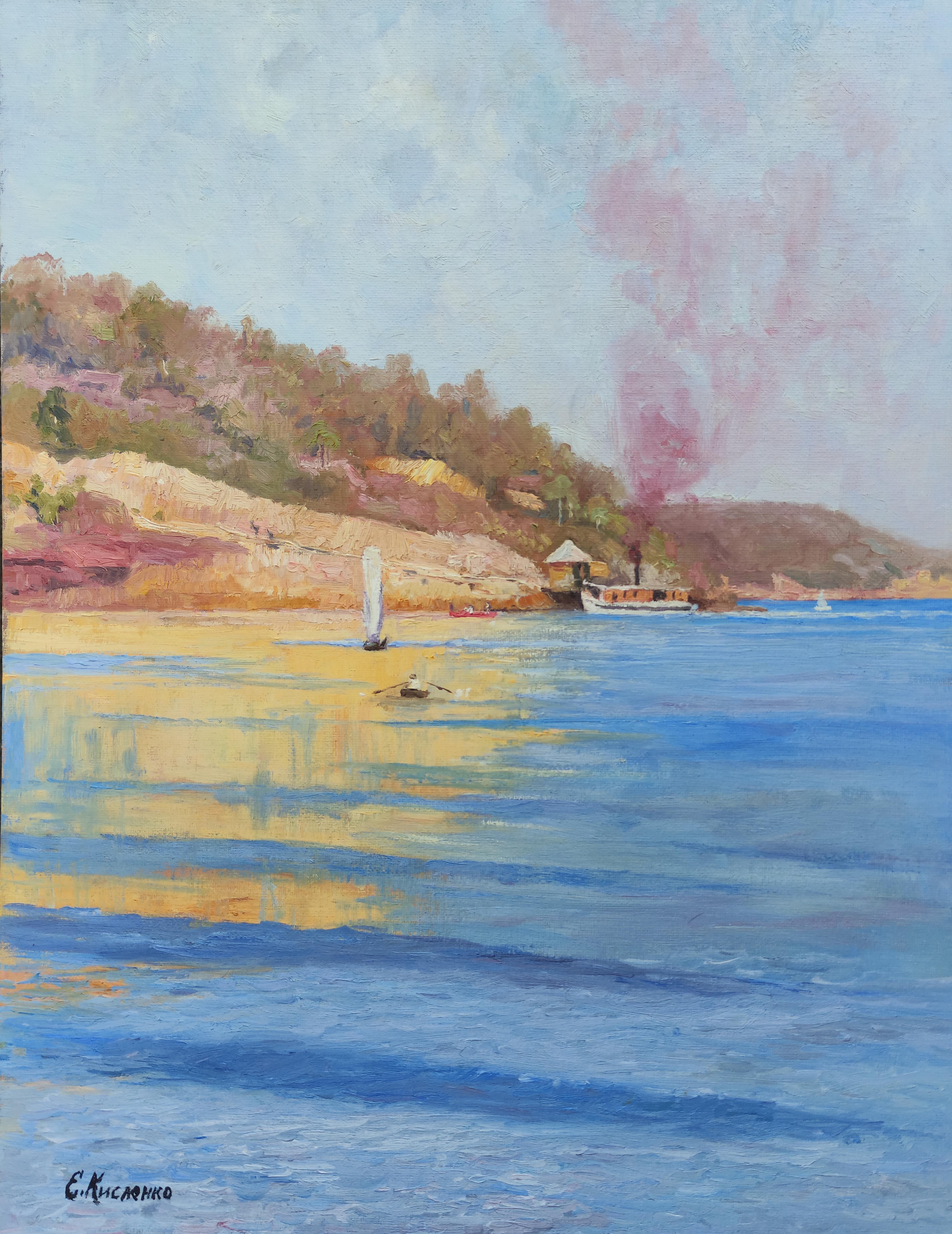 Original impressionist oil painting "Bay of Rose. Smoke" by the artist Evgeny Kislenko. This landscape was made in the French impressionist style. 
The landscape depicts a bay, on a bright, sunny day. The painting is varnished.
The reflection