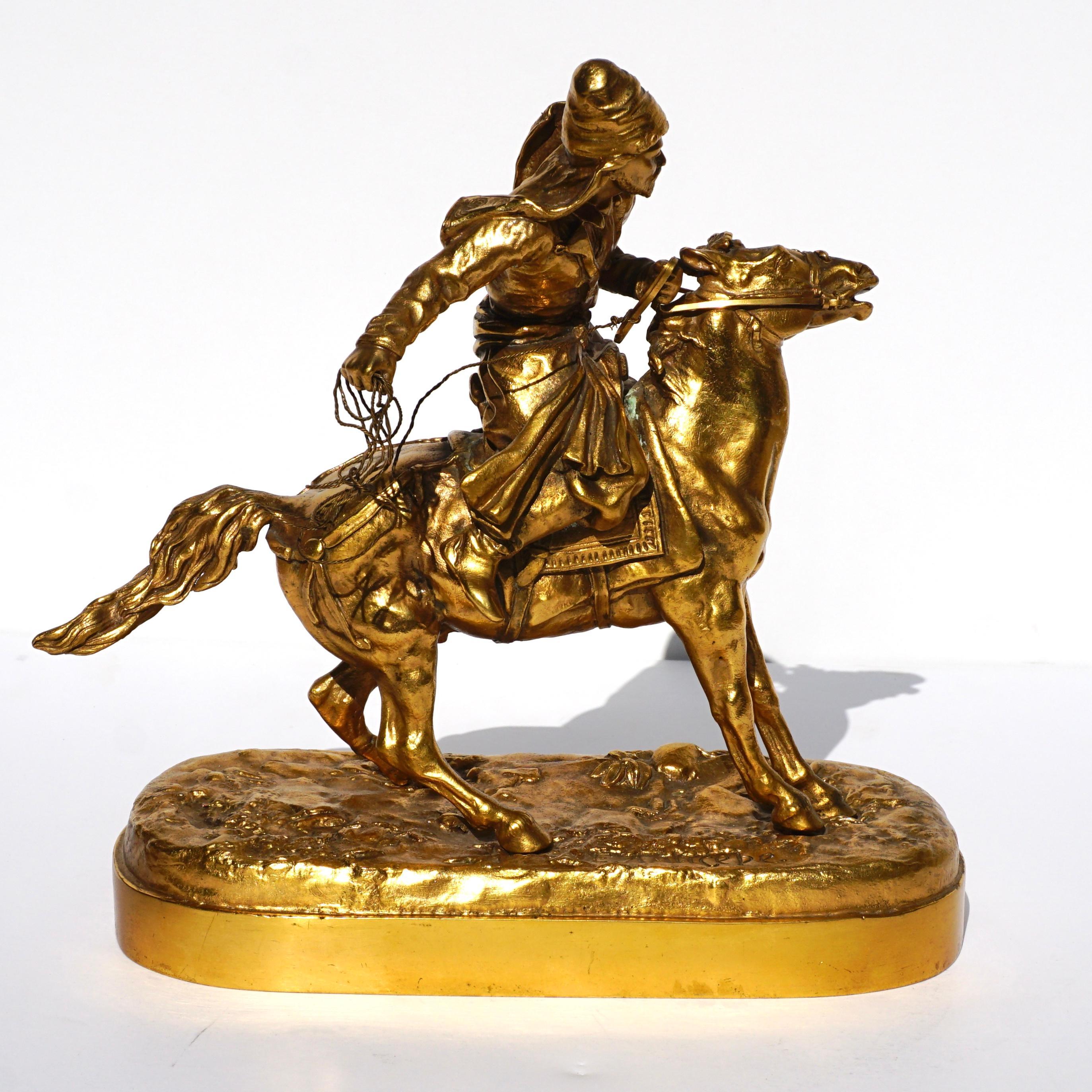 Eugene Alexandrovich Lanceray (Russian, 1848-1886) Cossack on Horse - Gold Figurative Sculpture by Evgeny Lanceray