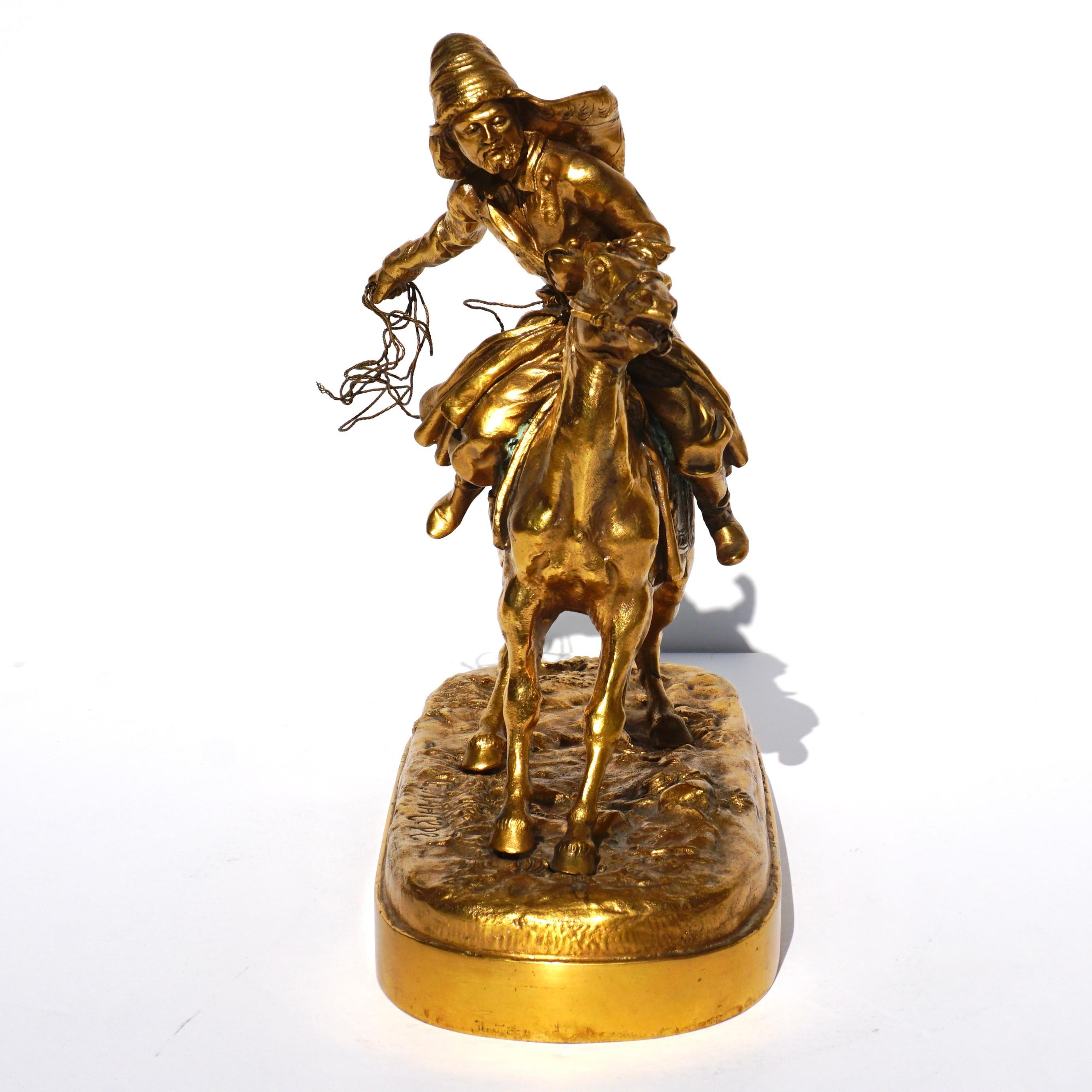 Evgeny Alexandrovich Lanceray (Russian, 1848-1886)
19th Century, Possibly post humus
Cossack on Horseback
Gilt bronze
signed in Cyrillic

Measures: Height 8 3/4 x width 8 3/4 inches.

Property from the Estate of Henri E. Nelson, Chicago,
