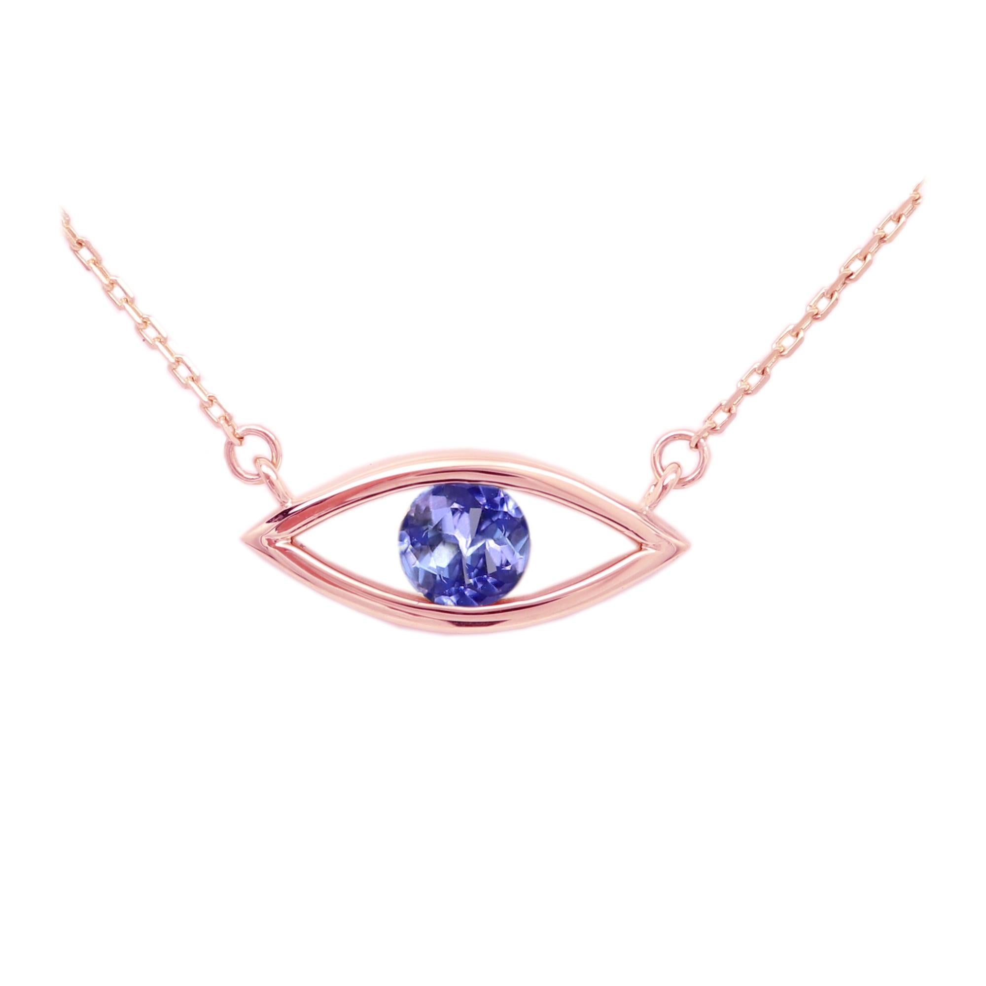 Round Cut Evil Eye 14 Karat December Birthstone Purple Tanzanite Necklace Purple Eye For Sale