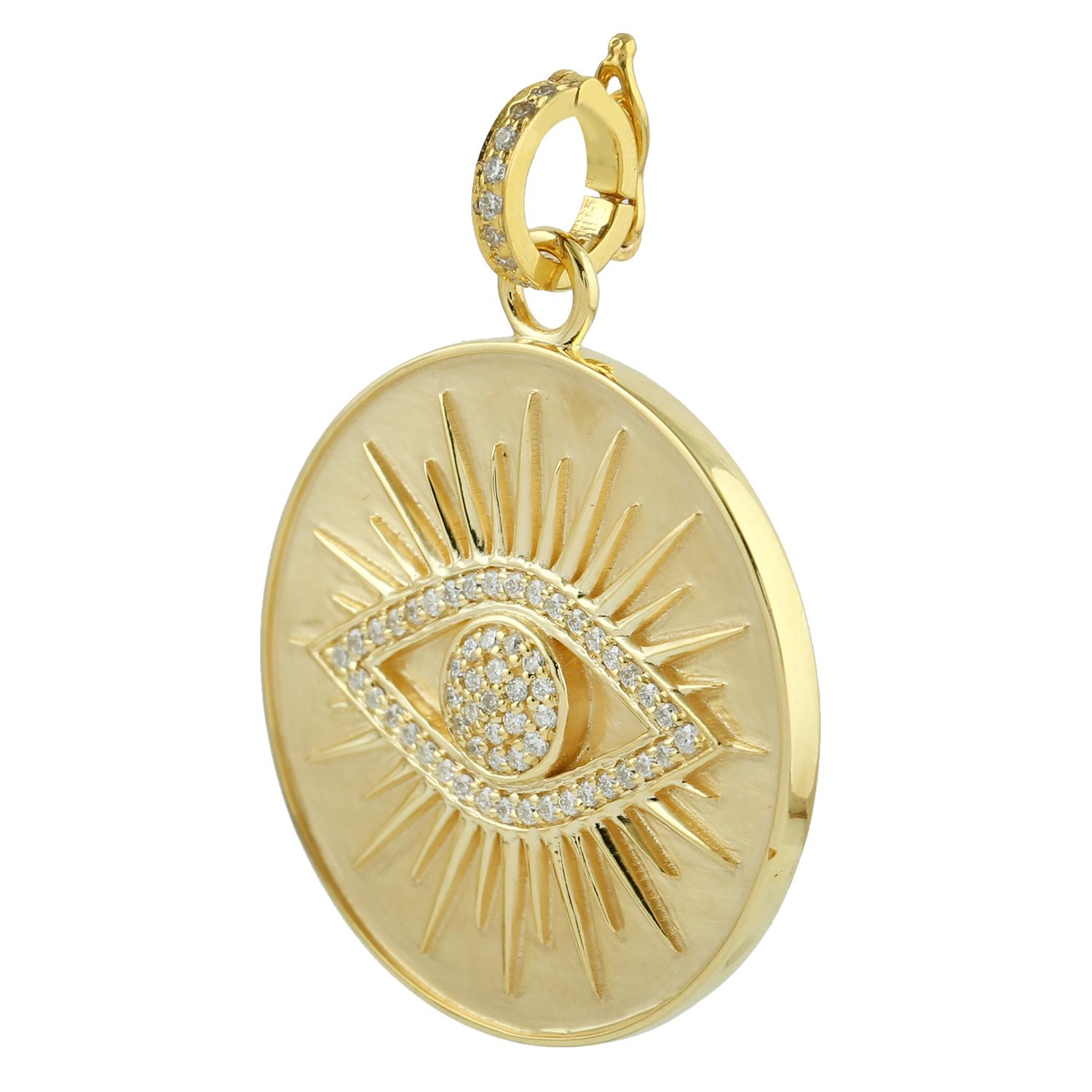 The 14 karat gold pendant medallion is set with .32 carats of shimmering diamonds. Evil Eye symbolizes to ward off negative energy. It promises to keep you safe and sound, which is the most important thing when it comes to fulfilling your dreams.
