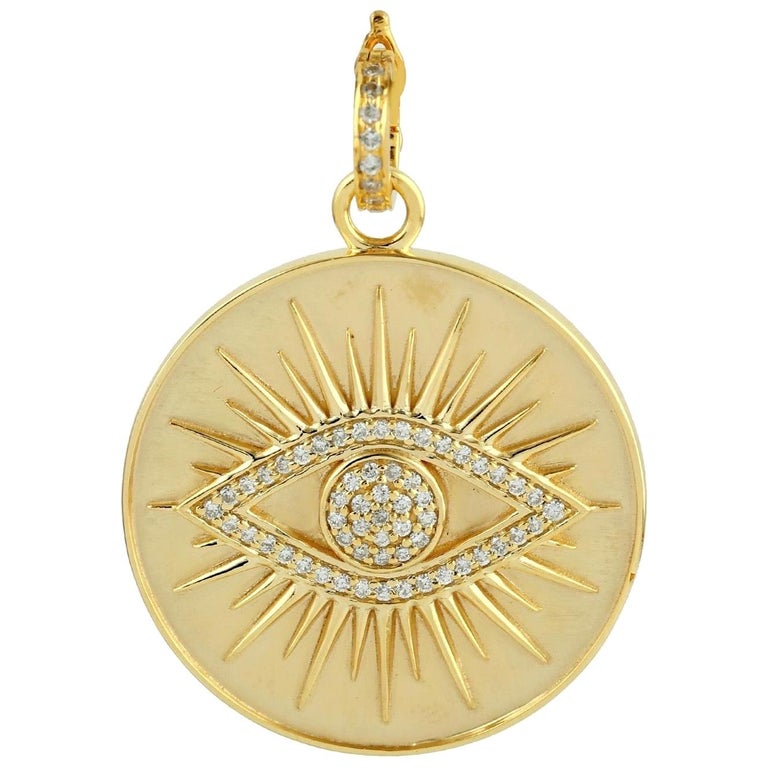Evil Eye 14 Karat Gold Charm Diamond Pendant Necklace For Sale at 1stDibs