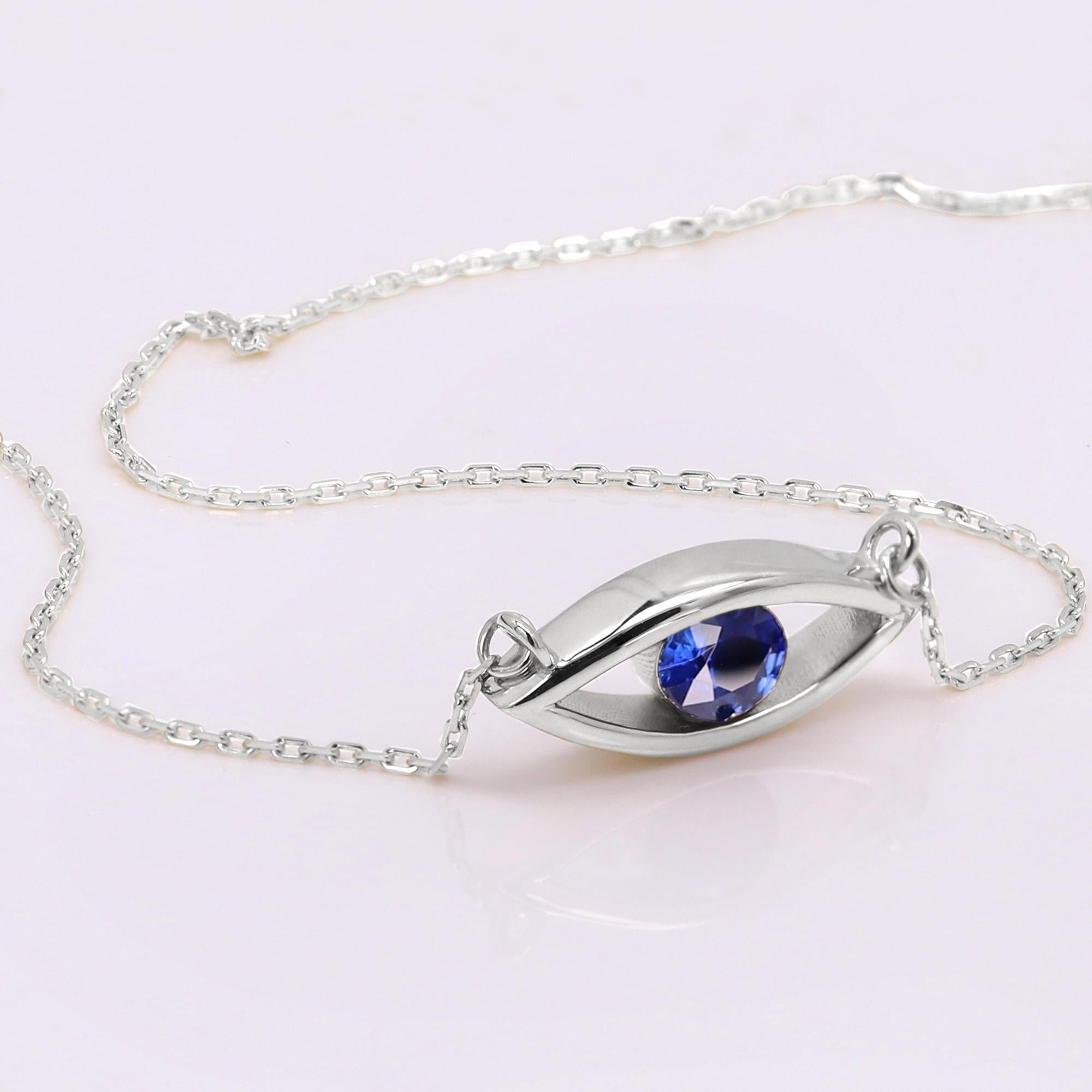 Evil Eye 14 Karat Personal Birthstone September Blue Sapphire Necklace Blue Eye For Sale 5