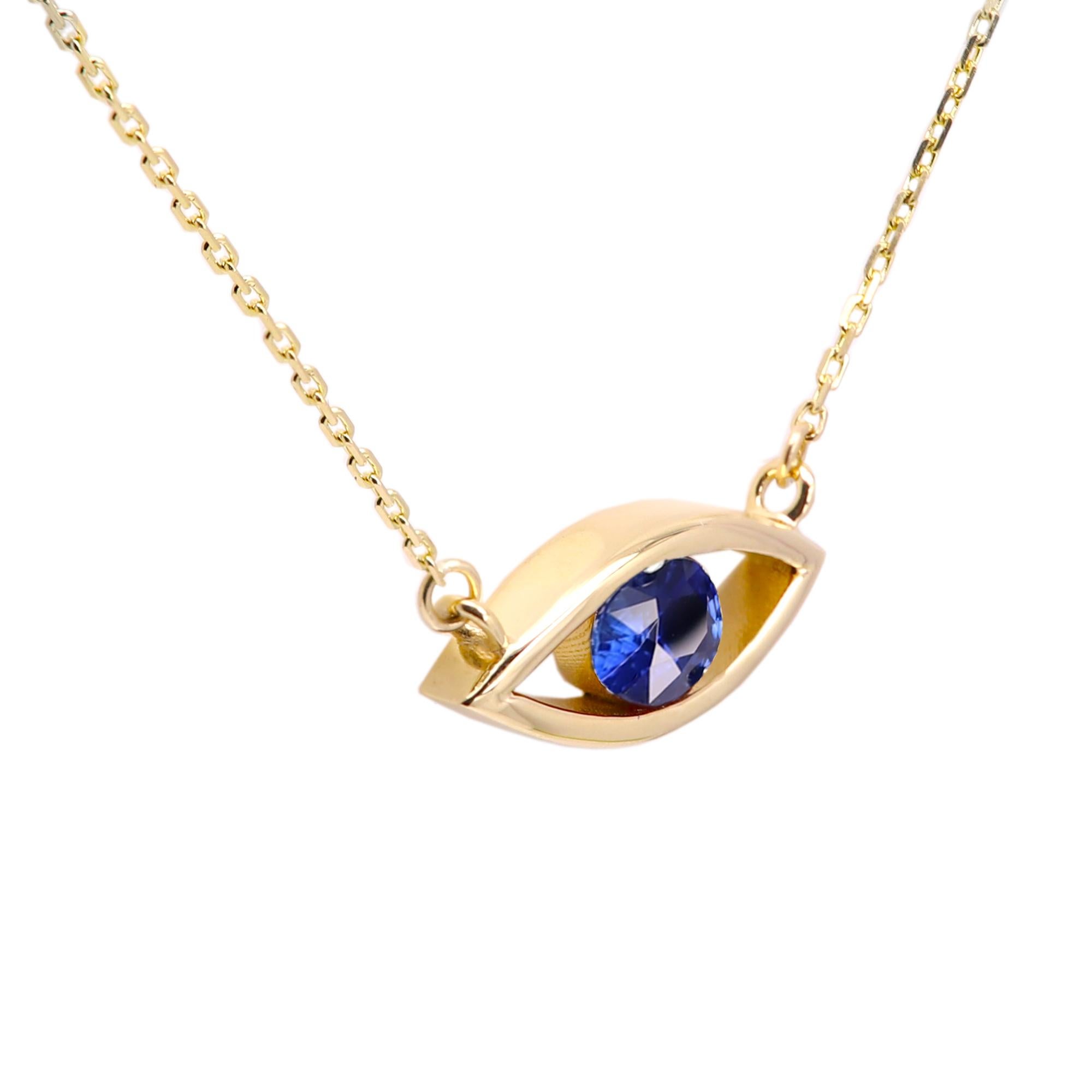 Evil Eye 14 Karat Personal Birthstone September Blue Sapphire Necklace Blue Eye For Sale 6