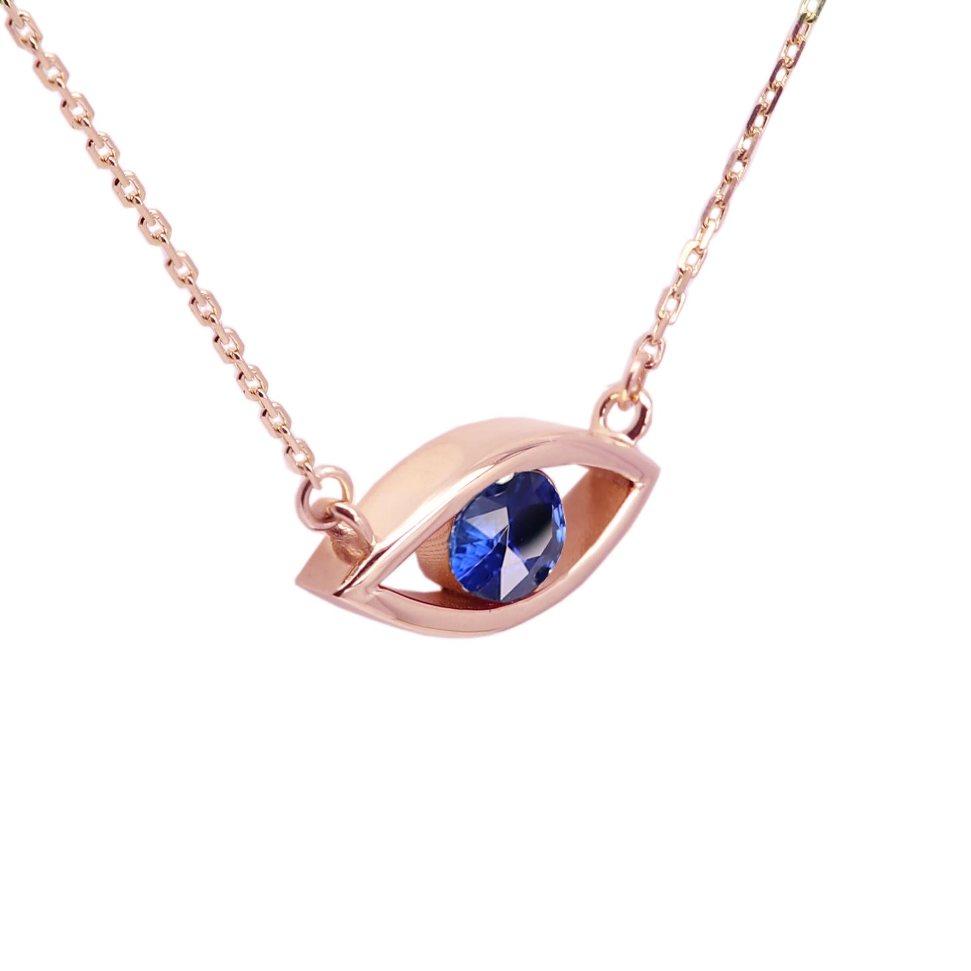 Evil Eye 14 Karat Personal Birthstone September Blue Sapphire Necklace Blue Eye For Sale 8