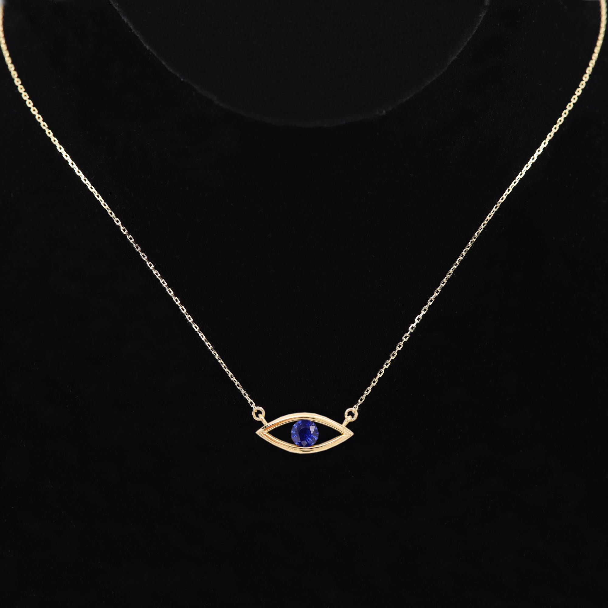 Evil Eye 14 Karat Personal Birthstone September Blue Sapphire Necklace Blue Eye In New Condition For Sale In Brooklyn, NY
