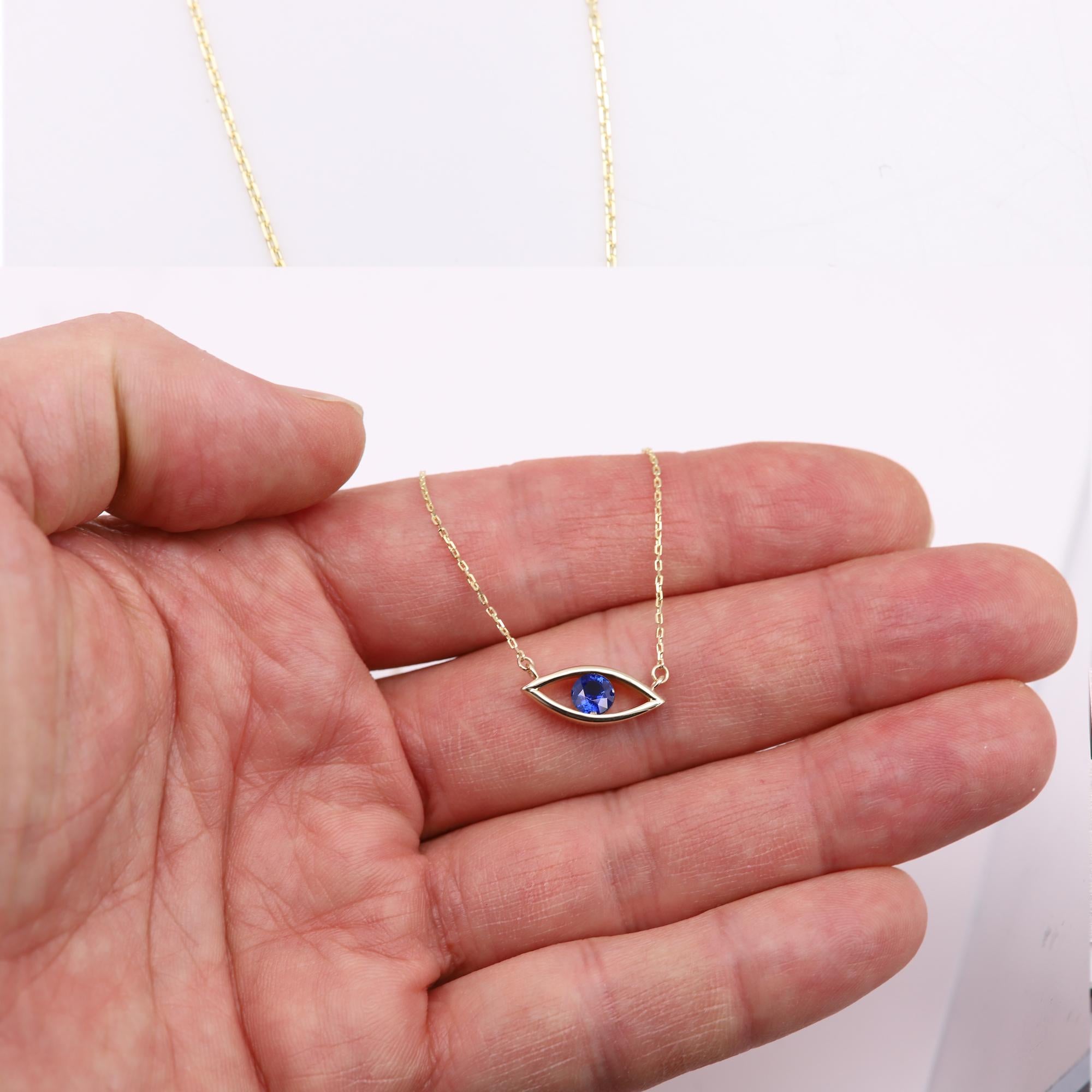 Evil Eye 14 Karat Personal Birthstone September Blue Sapphire Necklace Blue Eye For Sale 2