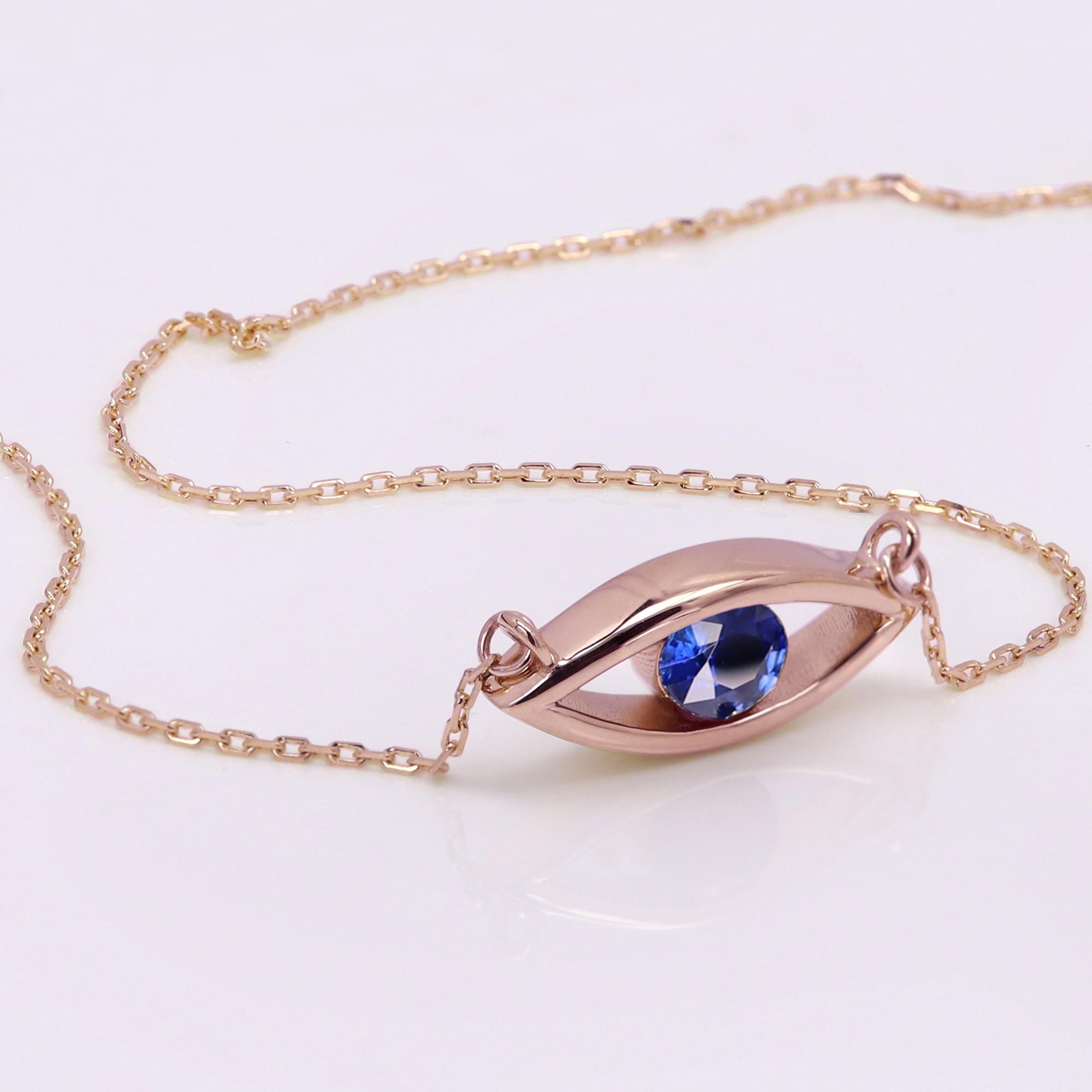 Evil Eye 14 Karat Personal Birthstone September Blue Sapphire Necklace Blue Eye For Sale 4