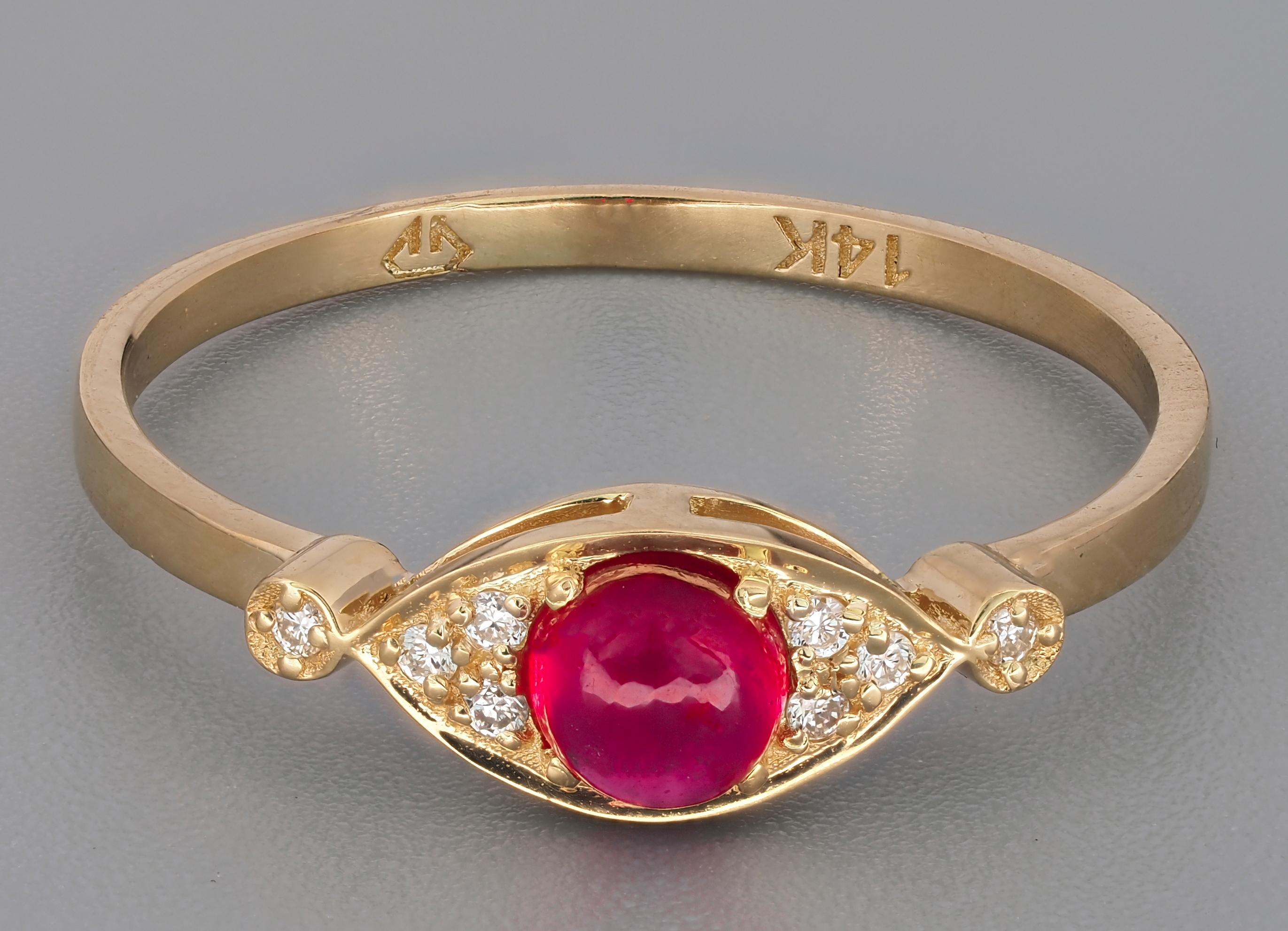 Evil Eye 14k gold Ring. 
Evil Eye ring with ruby, diamonds. Gold Amulette ring. Round ruby ring. July birthstone ring. Evil eye gemstone ring.

Metal: 14k gold
Weight: 1.7 g. depends from size.

Set with natural ruby: round brilliant shape, approx