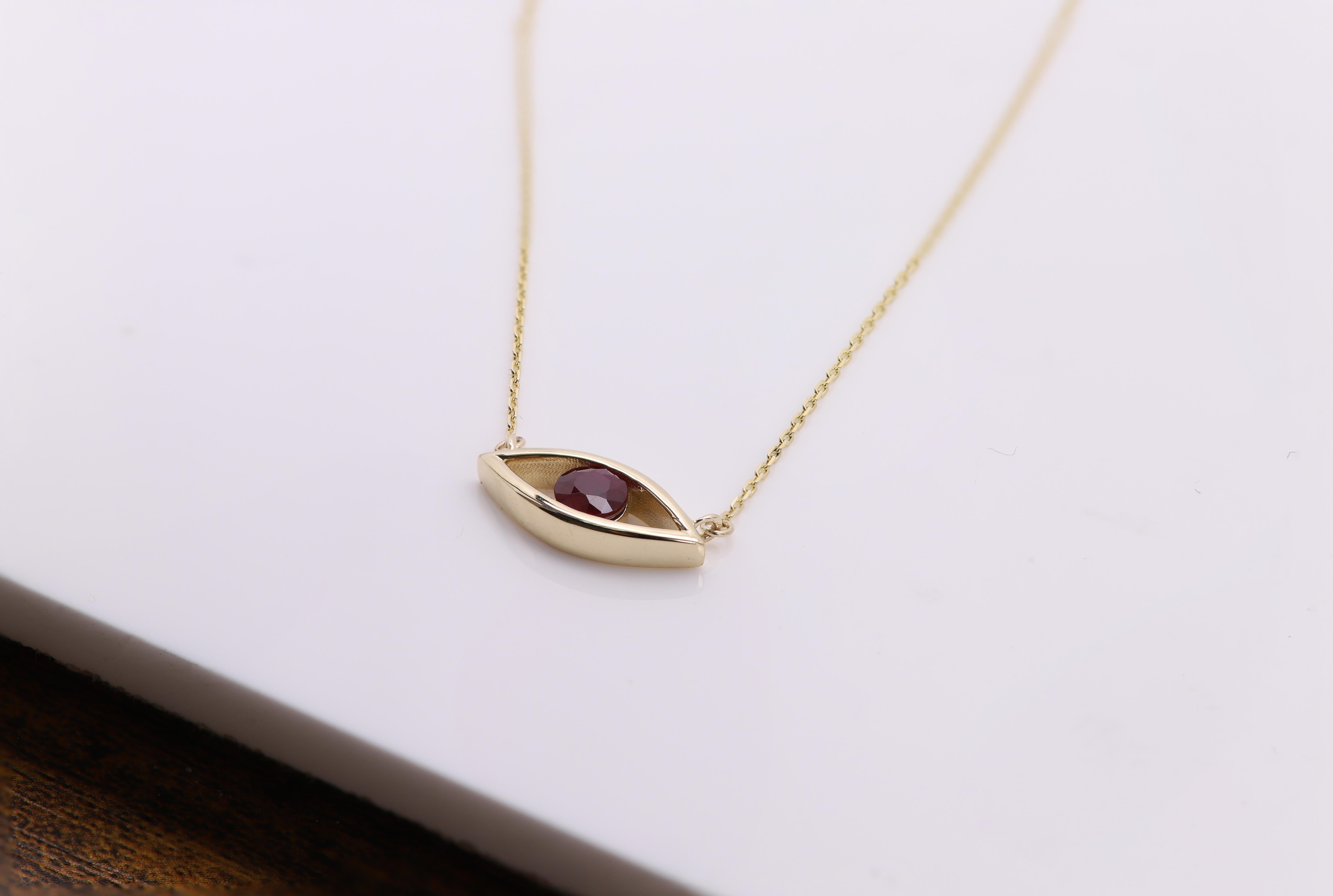 Evil Eye 14 Karat Personal Birthstone July Birthstone Red Gemstone Ruby Necklace (Collana in rubino) in vendita 6