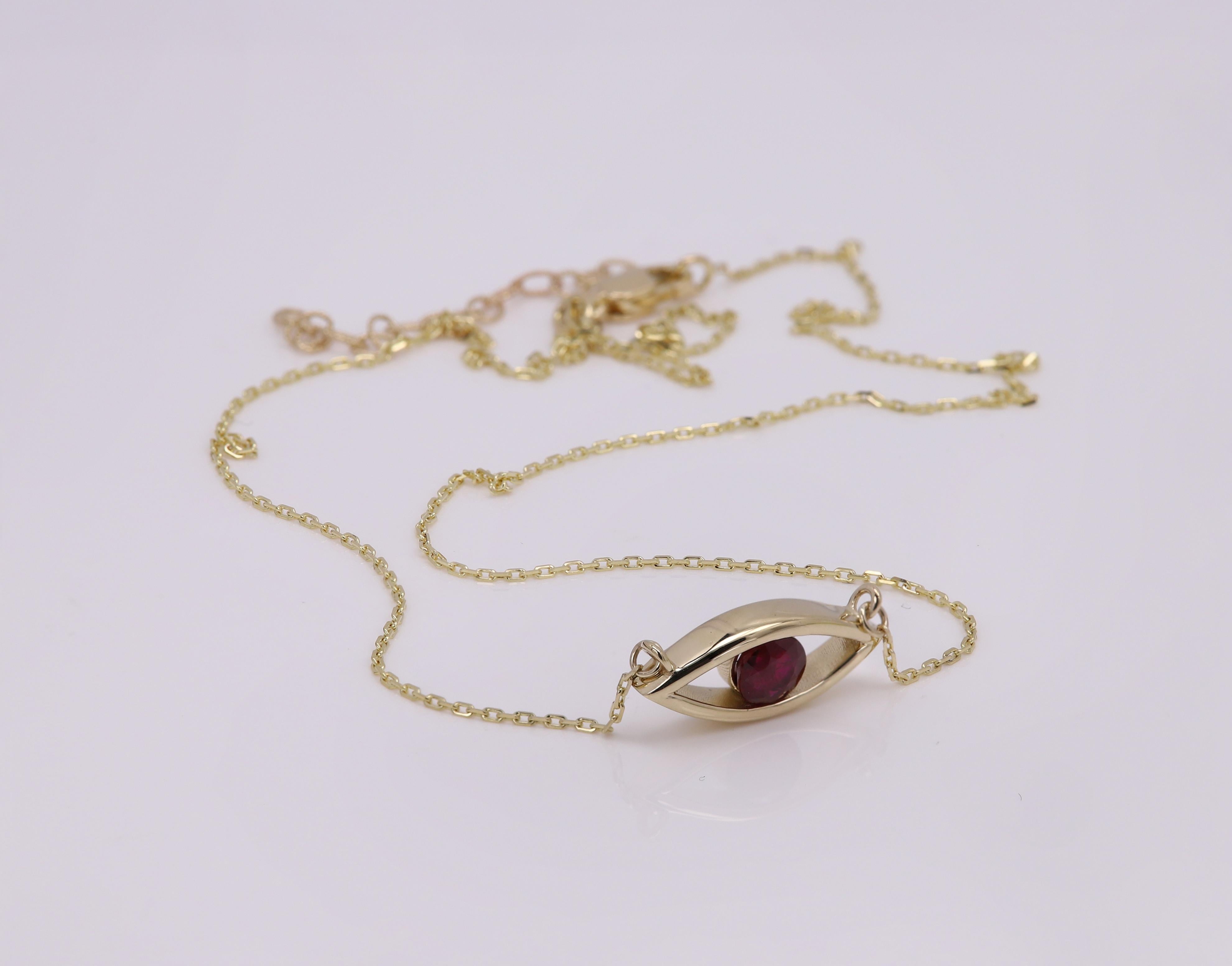 Evil Eye 14 Karat Personal Birthstone July Birthstone Red Gemstone Ruby Necklace (Collana in rubino) in vendita 7