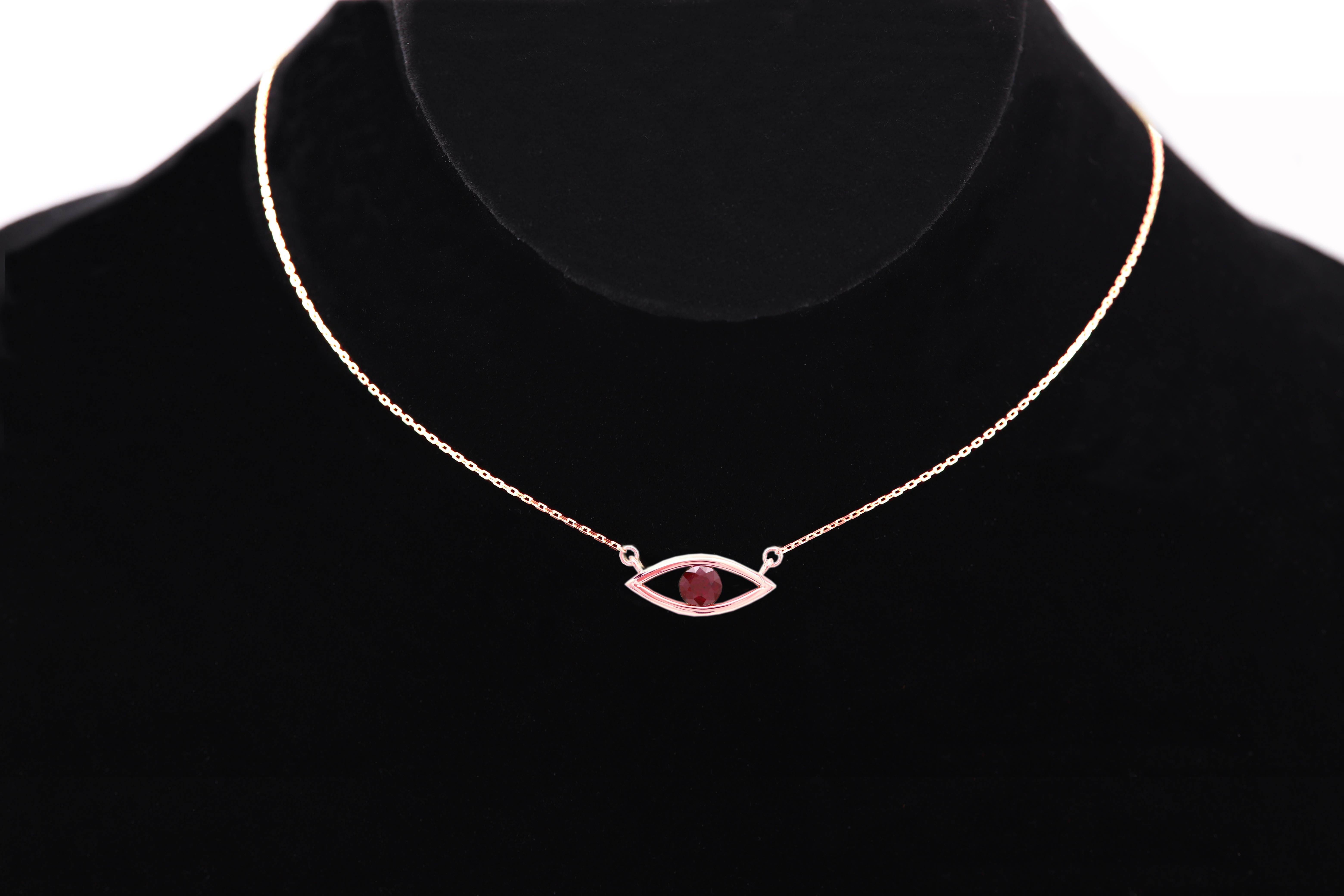 Evil Eye 14 Karat Personal Birthstone July Birthstone Red Gemstone Ruby Necklace (Collana in rubino) in vendita 8