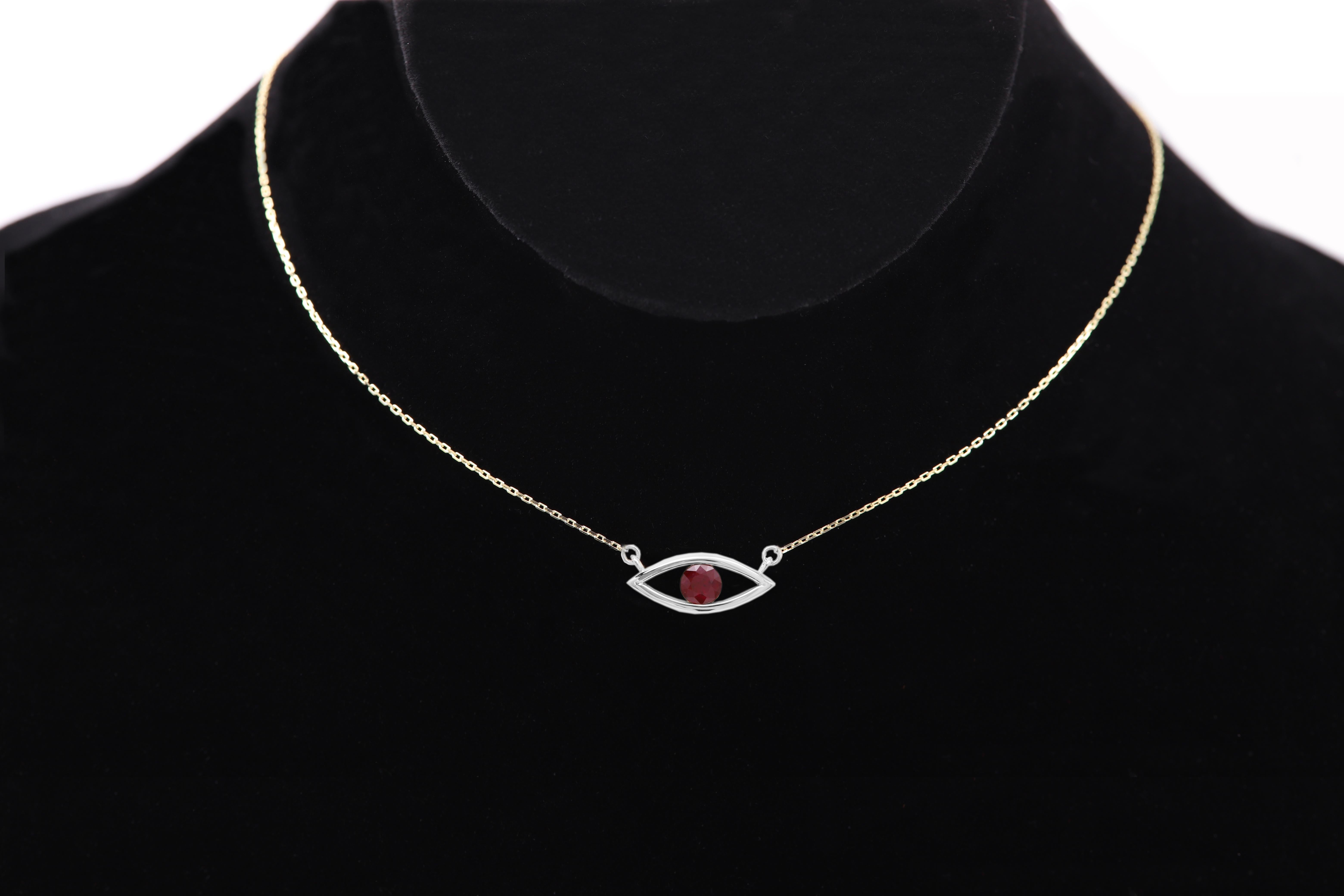 Evil Eye 14 Karat Personal Birthstone July Birthstone Red Gemstone Ruby Necklace (Collana in rubino) in vendita 9