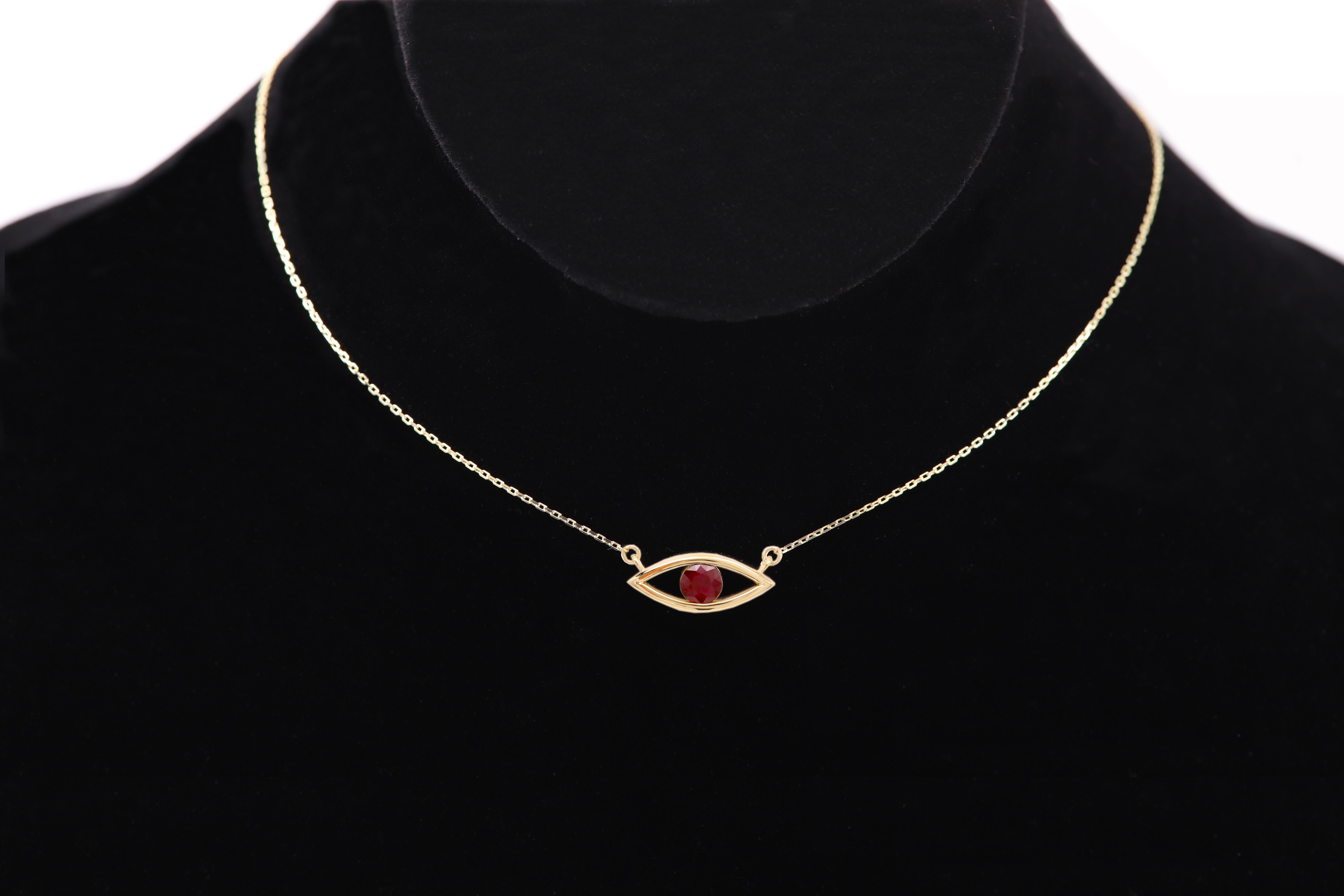 Evil Eye 14 Karat Personal Birthstone July Birthstone Red Gemstone Ruby Necklace (Collana in rubino) in vendita 10