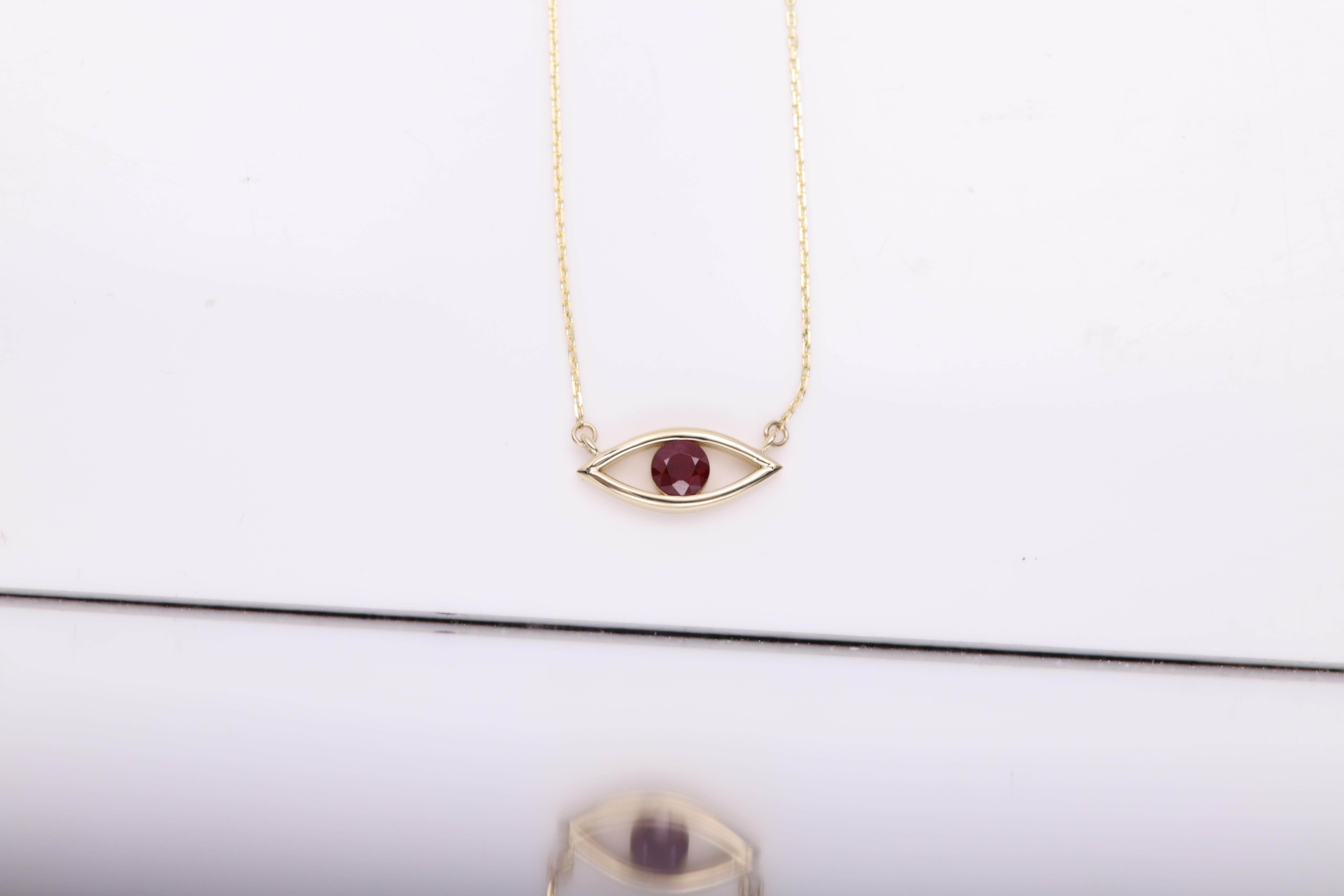 Evil Eye 14 Karat Personal Birthstone July Birthstone Red Gemstone Ruby Necklace (Collana in rubino) In condizioni Nuovo in vendita a Brooklyn, NY