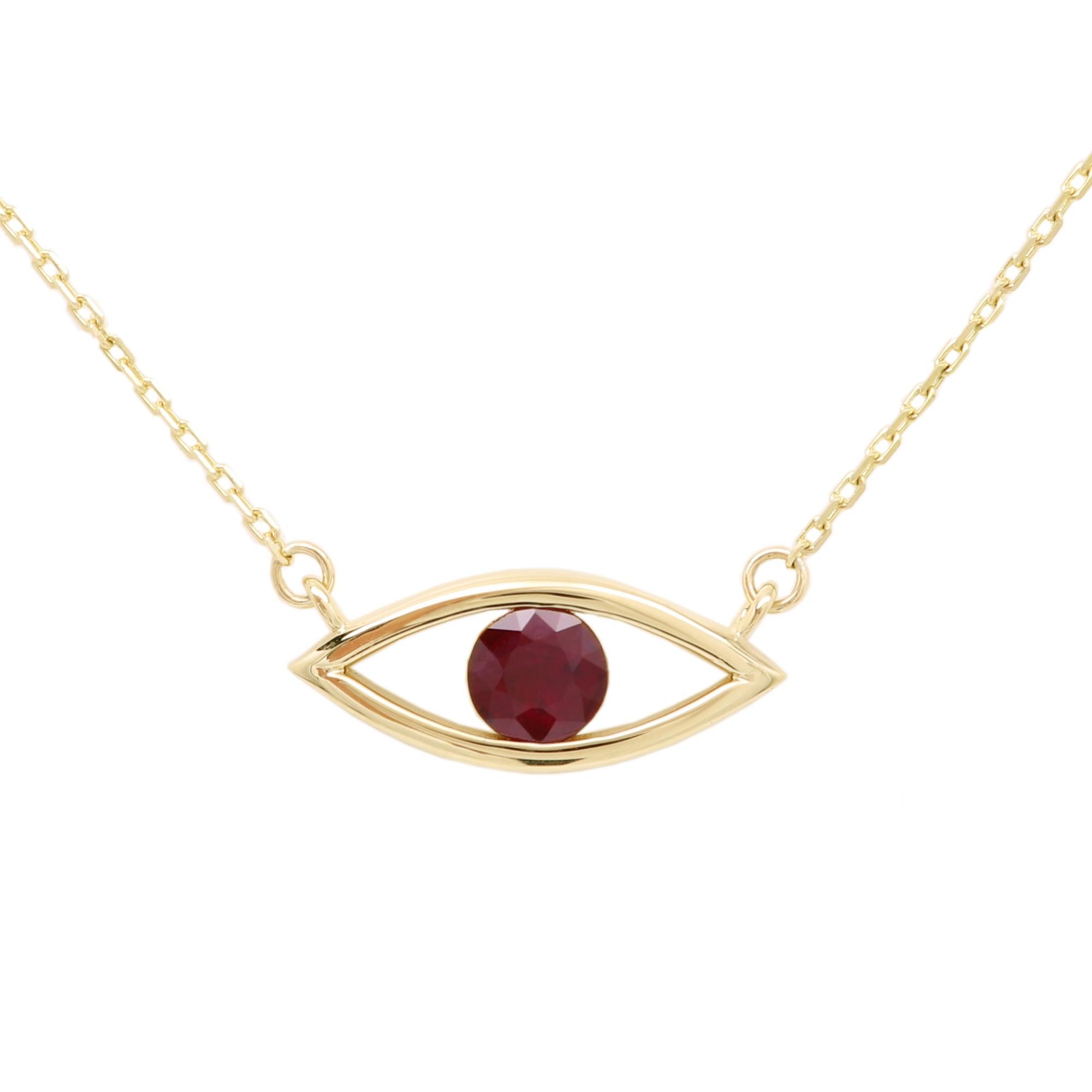 Donna Evil Eye 14 Karat Personal Birthstone July Birthstone Red Gemstone Ruby Necklace (Collana in rubino) in vendita