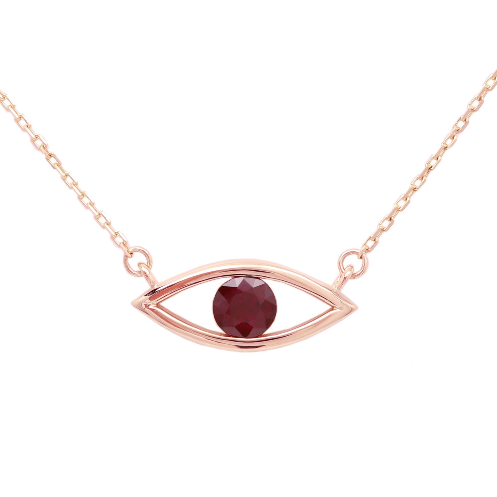 Evil Eye 14 Karat Personal Birthstone July Birthstone Red Gemstone Ruby Necklace (Collana in rubino) in vendita 1